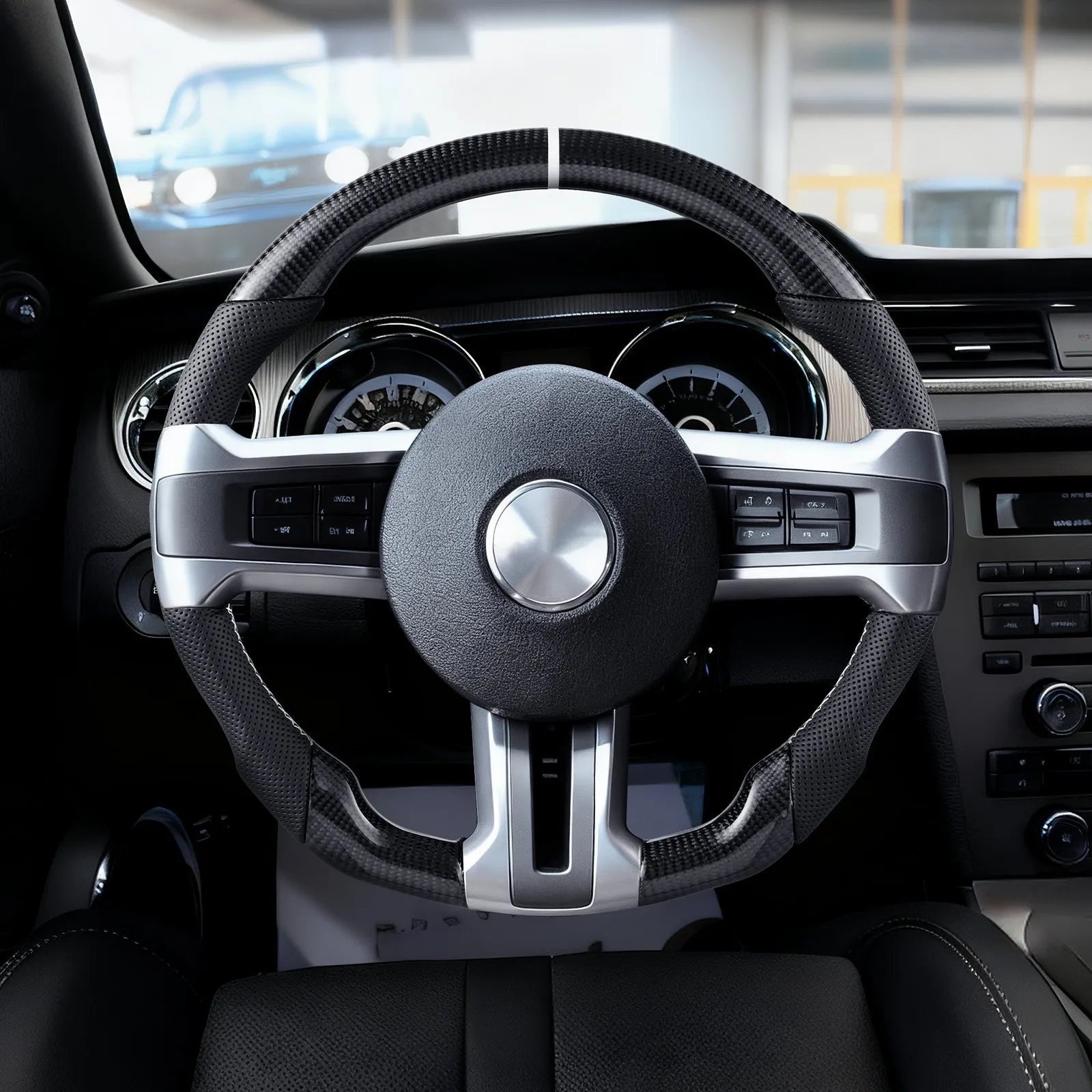 VEVOR Steering Wheel for 2010-2014 Ford Mustang, Carbon Fiber Steering Wheel D-Shaped Flat-Bottom, Leather Grip with Non-Slip Texture & Precise Stitching, Accessories Replacement for Mustang, Black