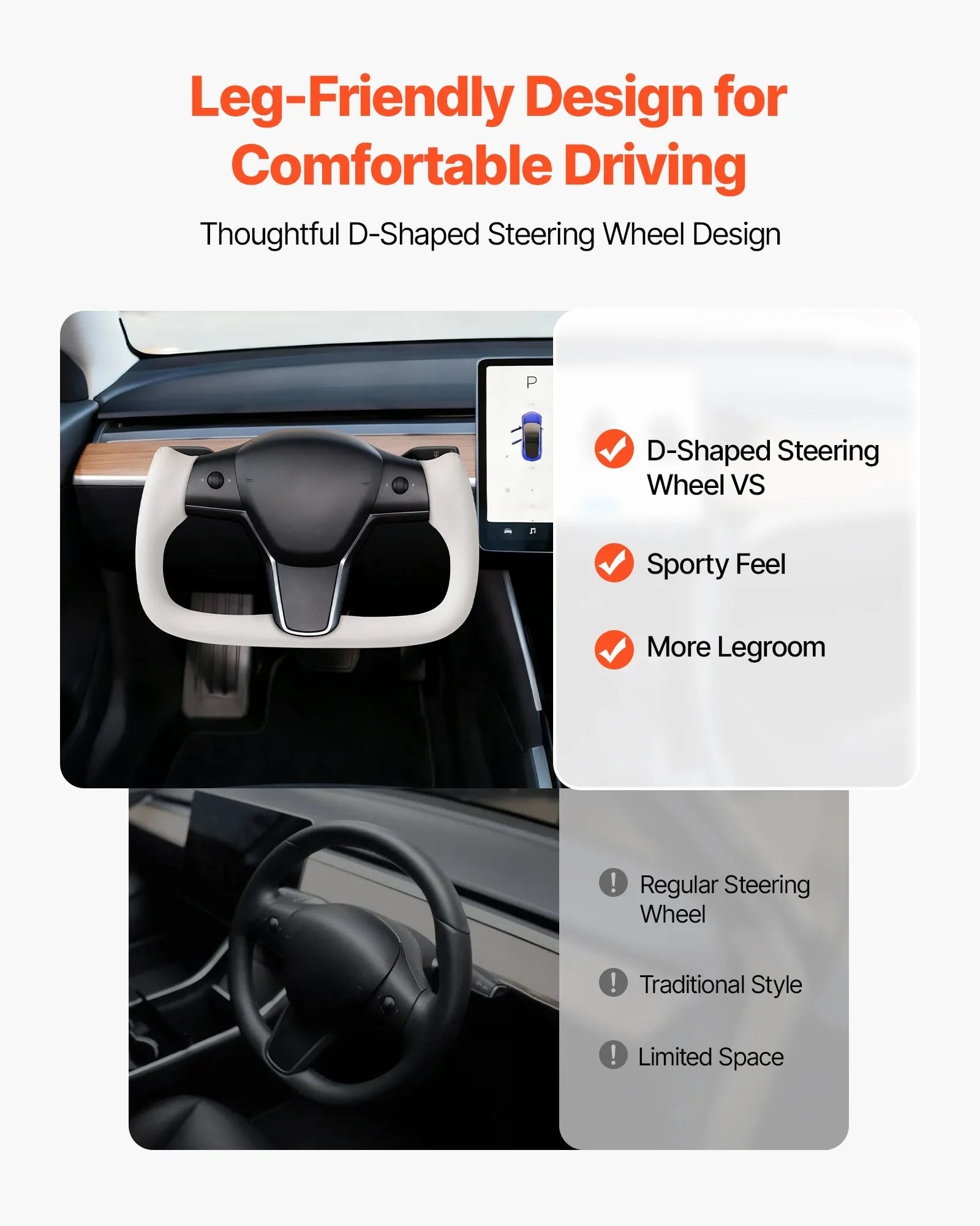 VEVOR Steering Wheel for 2016-2023 Tesla Model 3, Carbon Fiber Steering Wheel D-Shaped Flat-Bottom with Heating Function, Leather Grip with Non-Slip Texture, Accessories Replacement for Model 3, White