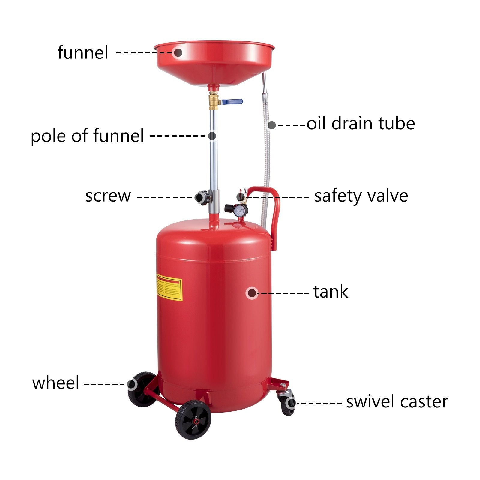 VEVOR Waste Oil Drain Tank 20 Gallon Portable Oil Drain Air Operated Drainer Oil Change, Oil Drain Container, Fluid Fuel Transfer Drainage Adjustable Funnel Height, with Pressure Regulating Valve