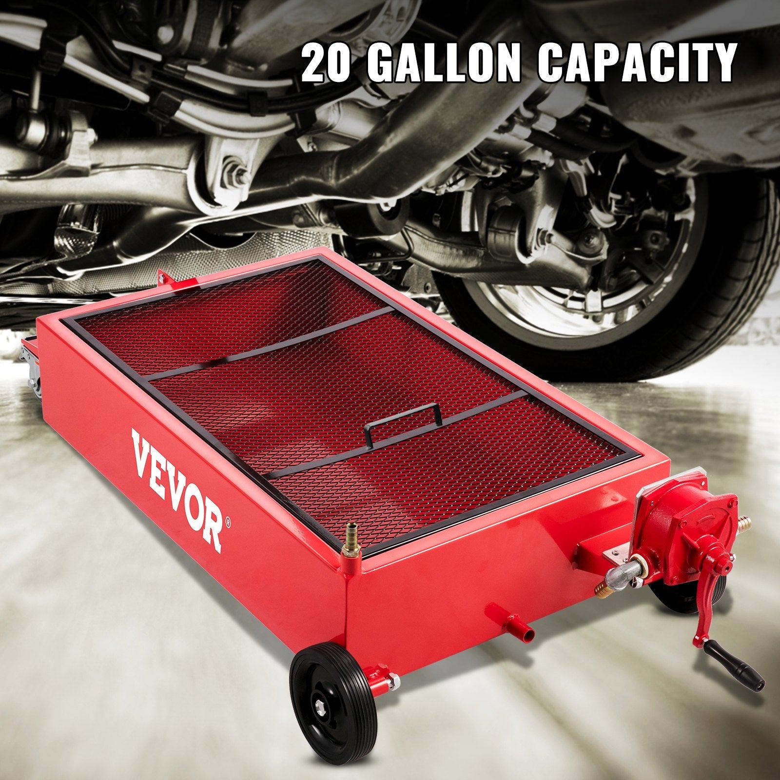 VEVOR Oil Drain Pan 20 Gallon Oil Drain Tank, 76L Low Profile Oil Drain Pan, Large Capacity Oil Change Pan, Foldable Hand, with Pump, Hose, Swivel Casters Wheels for Car, SUV, Trucks Oil Draining