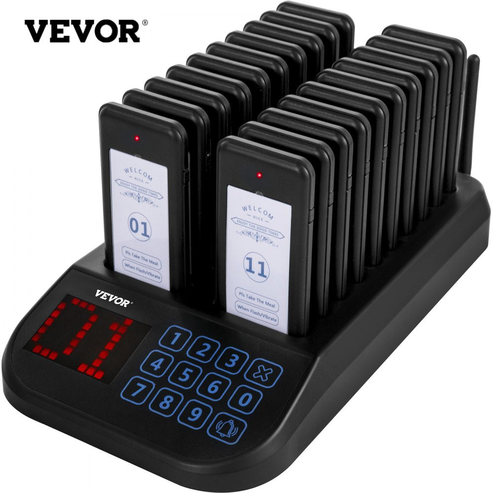 VEVOR F103 Restaurant Pager System 20 Pagers, Max 98 Beepers Wireless Calling System, Touch Keyboard with Vibration, Flashing and Buzzer for Church, Nurse,Hospital & Hotel