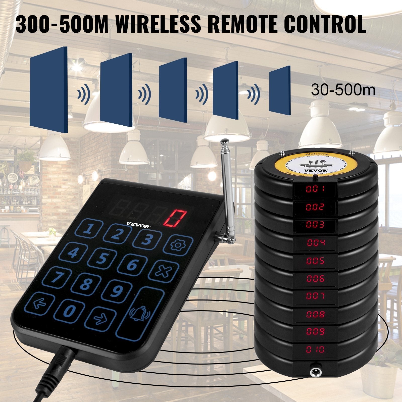 VEVOR R100 Wireless Calling System, Restaurant Pager System 10 Pagers,Max 999 Beepers, Touch Keyboard with Vibration, Flashing and Buzzer for Church, Nurse,Hospital & Hotel
