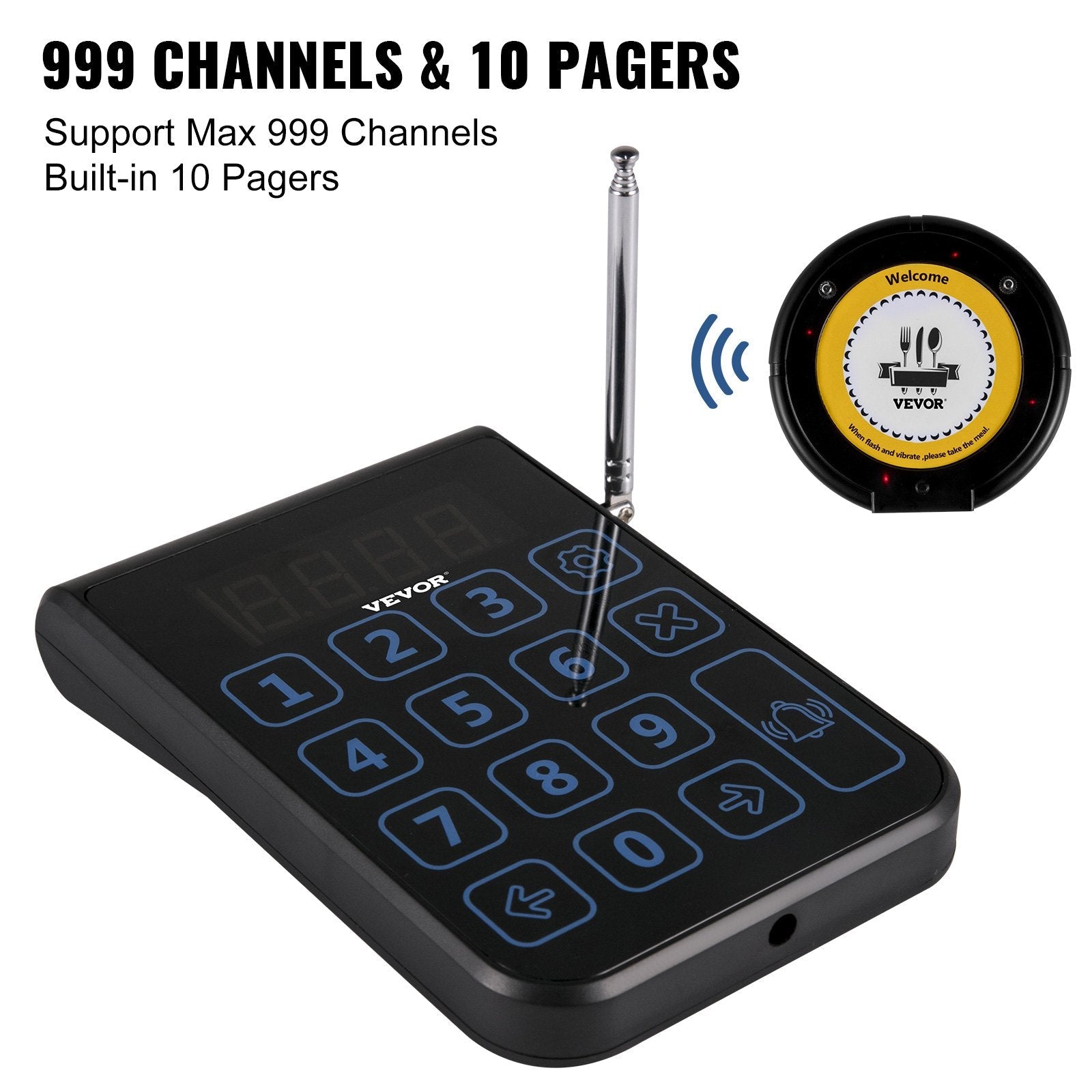 VEVOR R100 Wireless Calling System, Restaurant Pager System 10 Pagers,Max 999 Beepers, Touch Keyboard with Vibration, Flashing and Buzzer for Church, Nurse,Hospital & Hotel