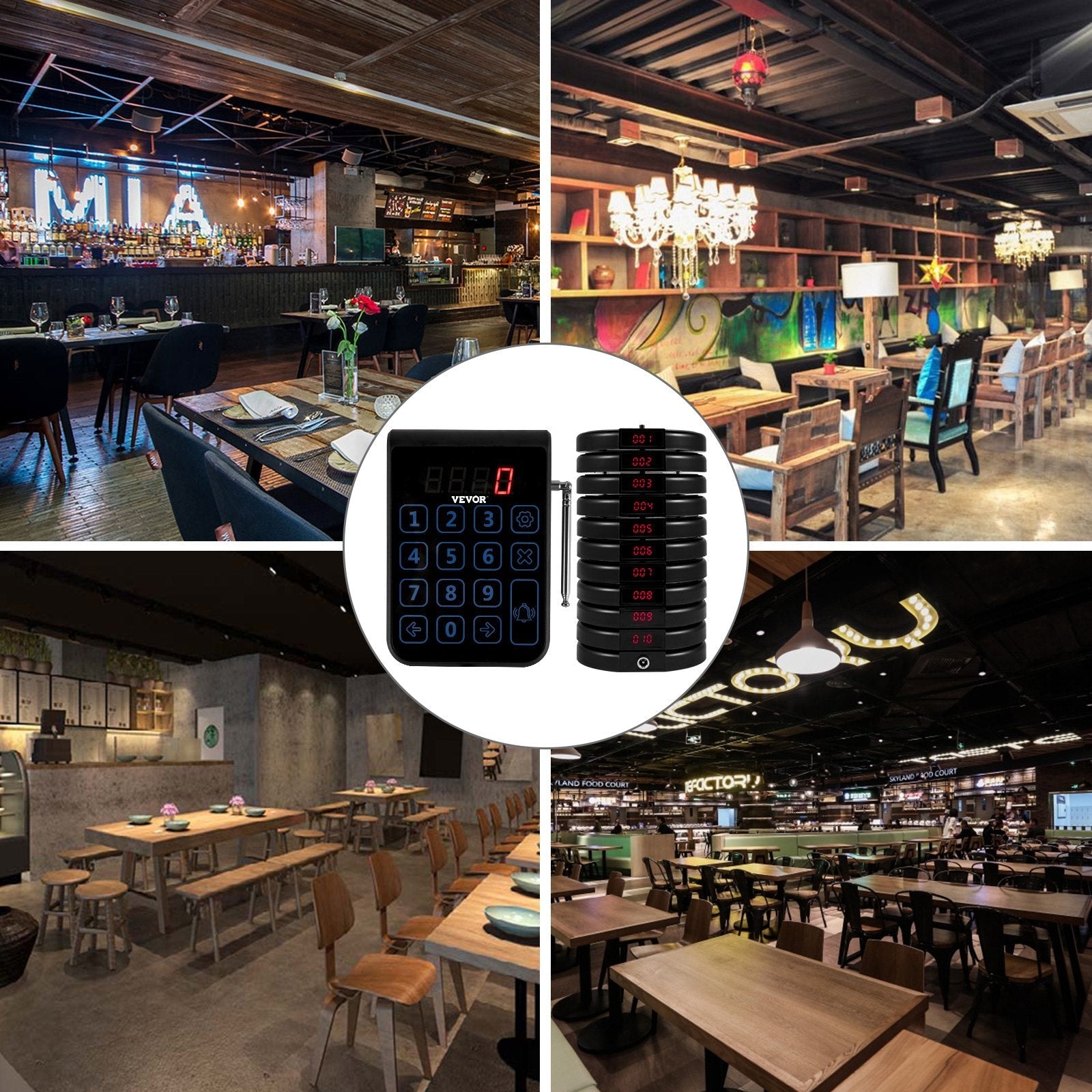 VEVOR R100 Wireless Calling System, Restaurant Pager System 10 Pagers,Max 999 Beepers, Touch Keyboard with Vibration, Flashing and Buzzer for Church, Nurse,Hospital & Hotel