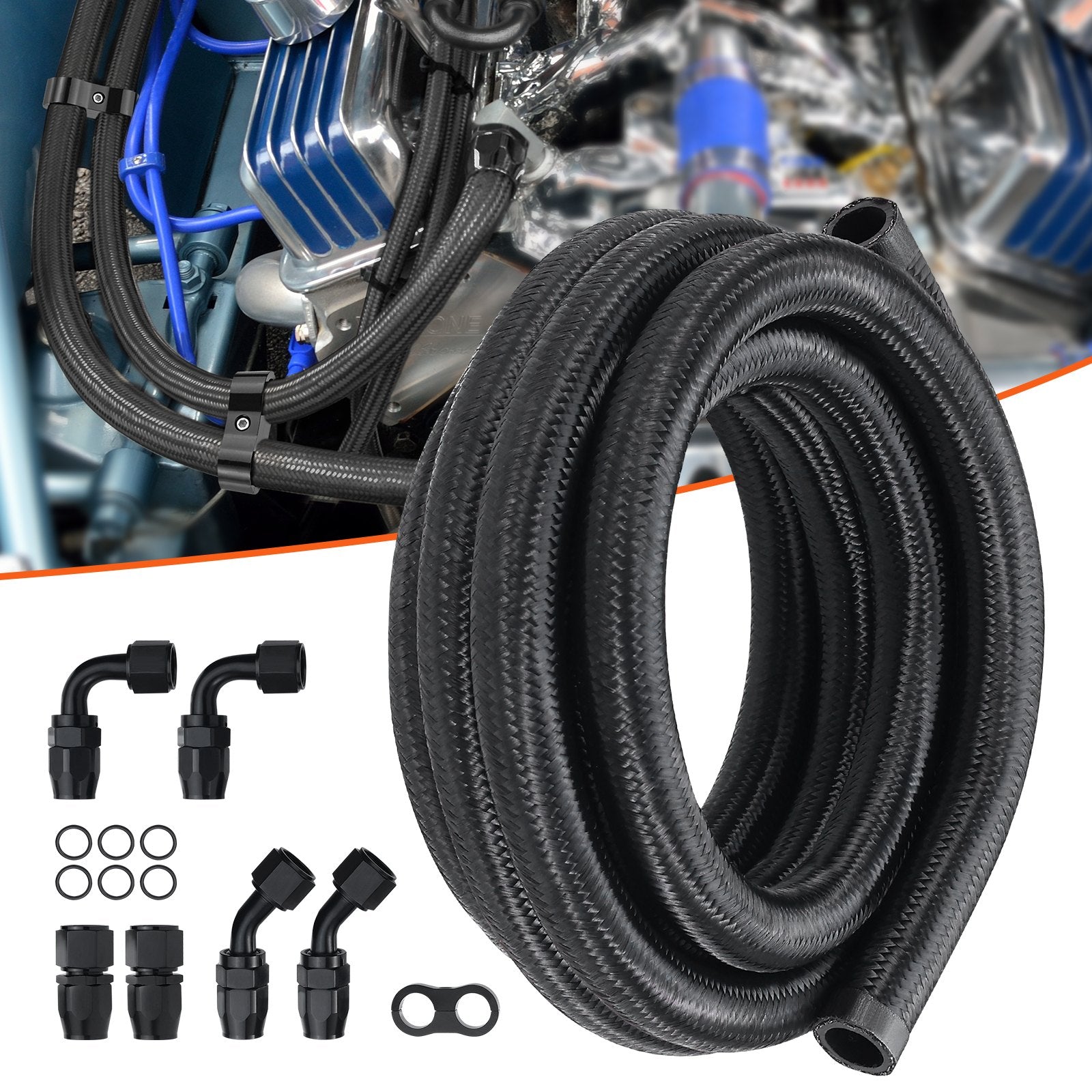 VEVOR 10AN Fuel Line Kit, 10 FT Fuel Hose Kit, 0.55" Nylon Stainless Steel Braided Fuel Line Oil/Gas/Diesel Hose End Fitting Kit, with 7 PCS Swivel Fitting Adapter Kit, Black