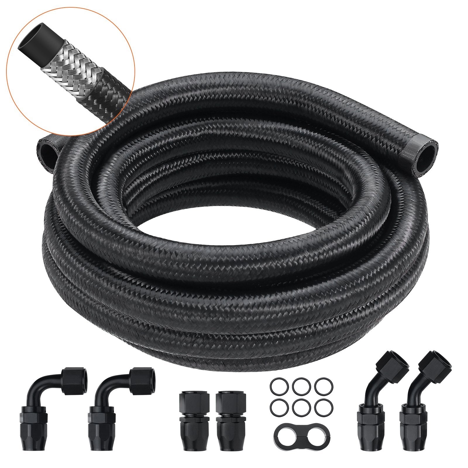 VEVOR 10AN Fuel Line Kit, 10 FT Fuel Hose Kit, 0.55" Nylon Stainless Steel Braided Fuel Line Oil/Gas/Diesel Hose End Fitting Kit, with 7 PCS Swivel Fitting Adapter Kit, Black