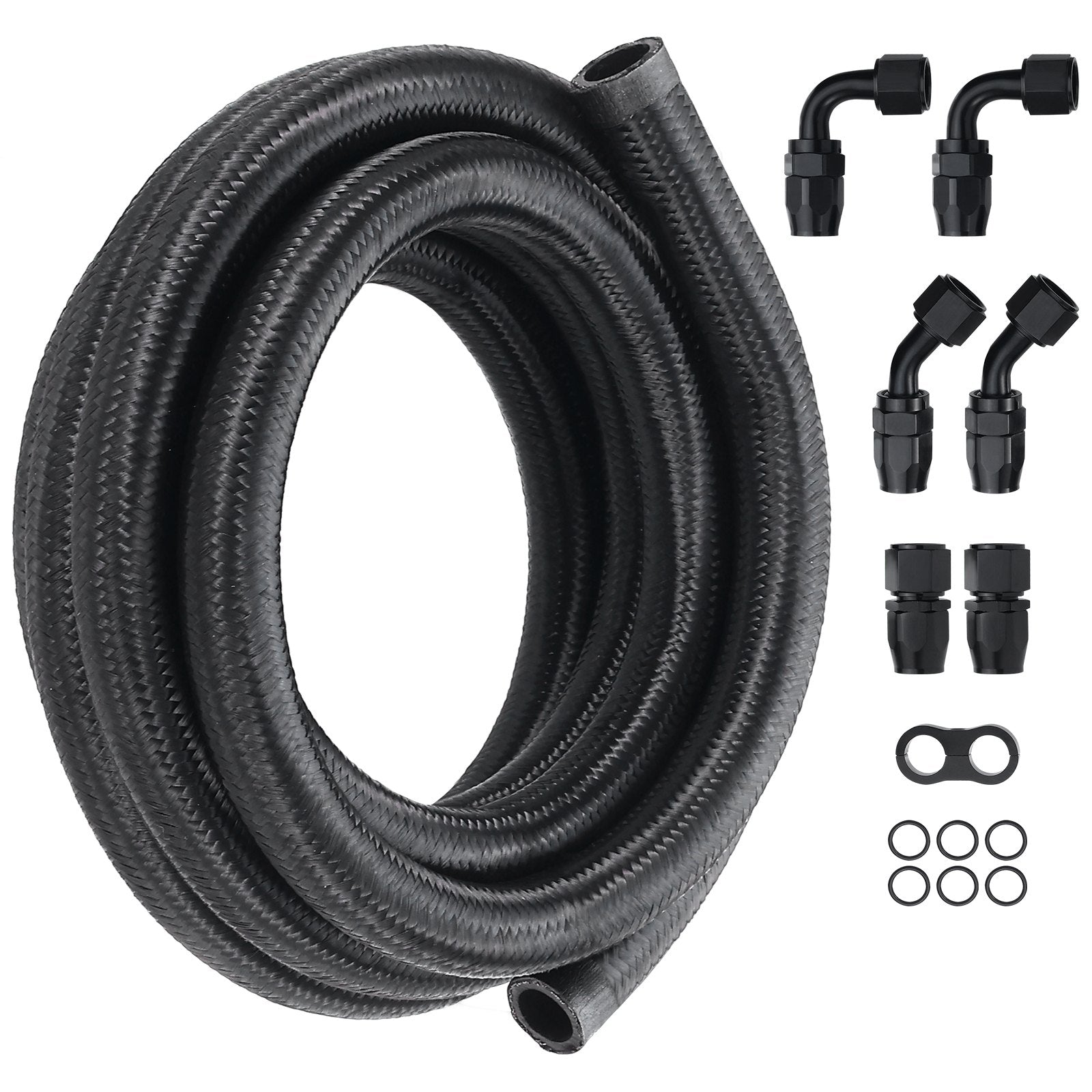 VEVOR 10AN Fuel Line Kit, 10 FT Fuel Hose Kit, 0.55" Nylon Stainless Steel Braided Fuel Line Oil/Gas/Diesel Hose End Fitting Kit, with 7 PCS Swivel Fitting Adapter Kit, Black