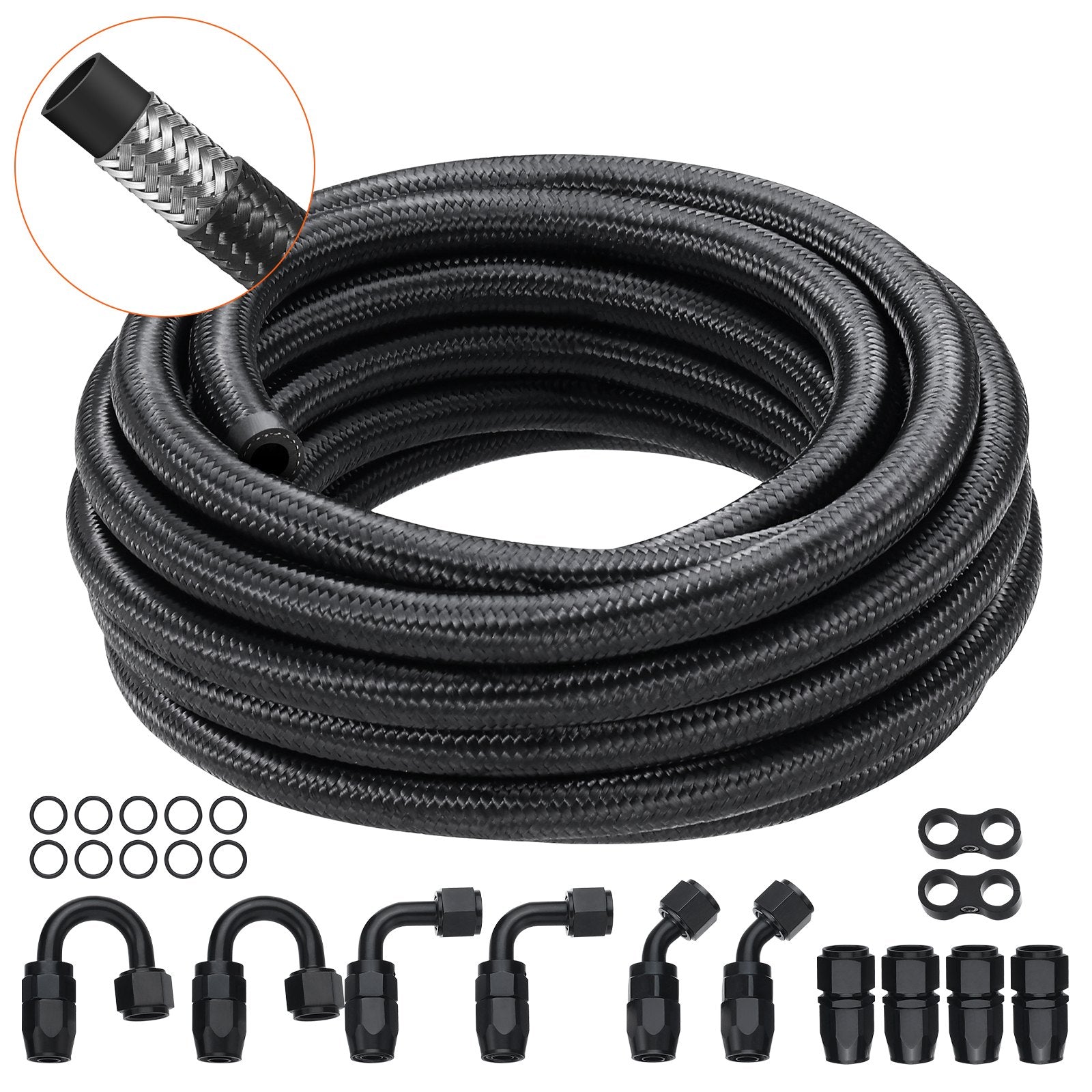 VEVOR 6AN Fuel Line Kit, 20 FT Fuel Hose Kit, 0.34" Nylon Stainless Steel Braided Fuel Line Oil/Gas/Diesel Hose End Fitting Kit, with 12 PCS Swivel Fitting Adapter Kit, Black
