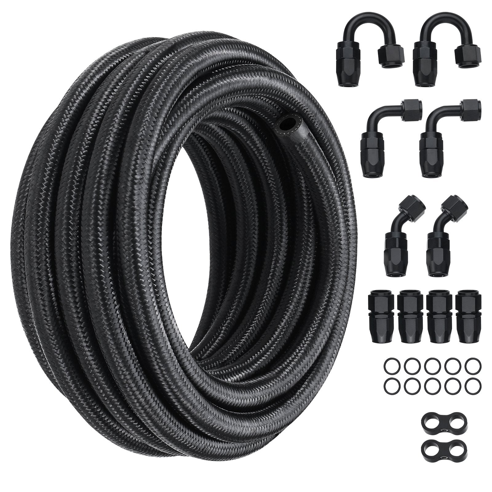 VEVOR 6AN Fuel Line Kit, 20 FT Fuel Hose Kit, 0.34" Nylon Stainless Steel Braided Fuel Line Oil/Gas/Diesel Hose End Fitting Kit, with 12 PCS Swivel Fitting Adapter Kit, Black