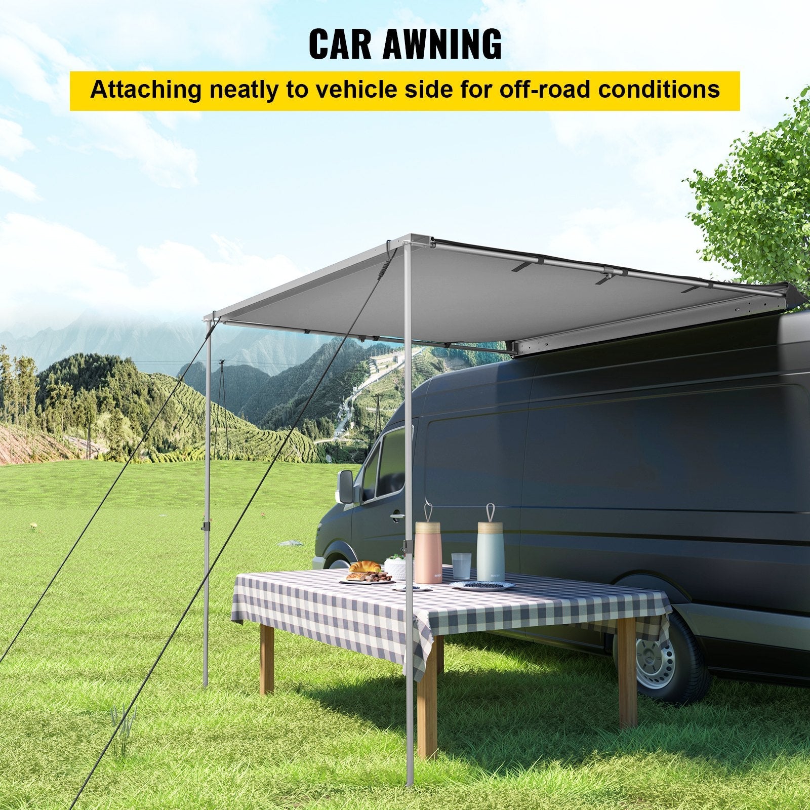VEVOR Car Awning, 6.5'x6.5' Vehicle Awning, Pull-Out Retractable Awning Rooftop, Waterproof UV50+ Car Side Awning, Telescoping Poles Trailer Tent Shade w/Carry Bag for SUV Outdoor Camping Travel, Grey