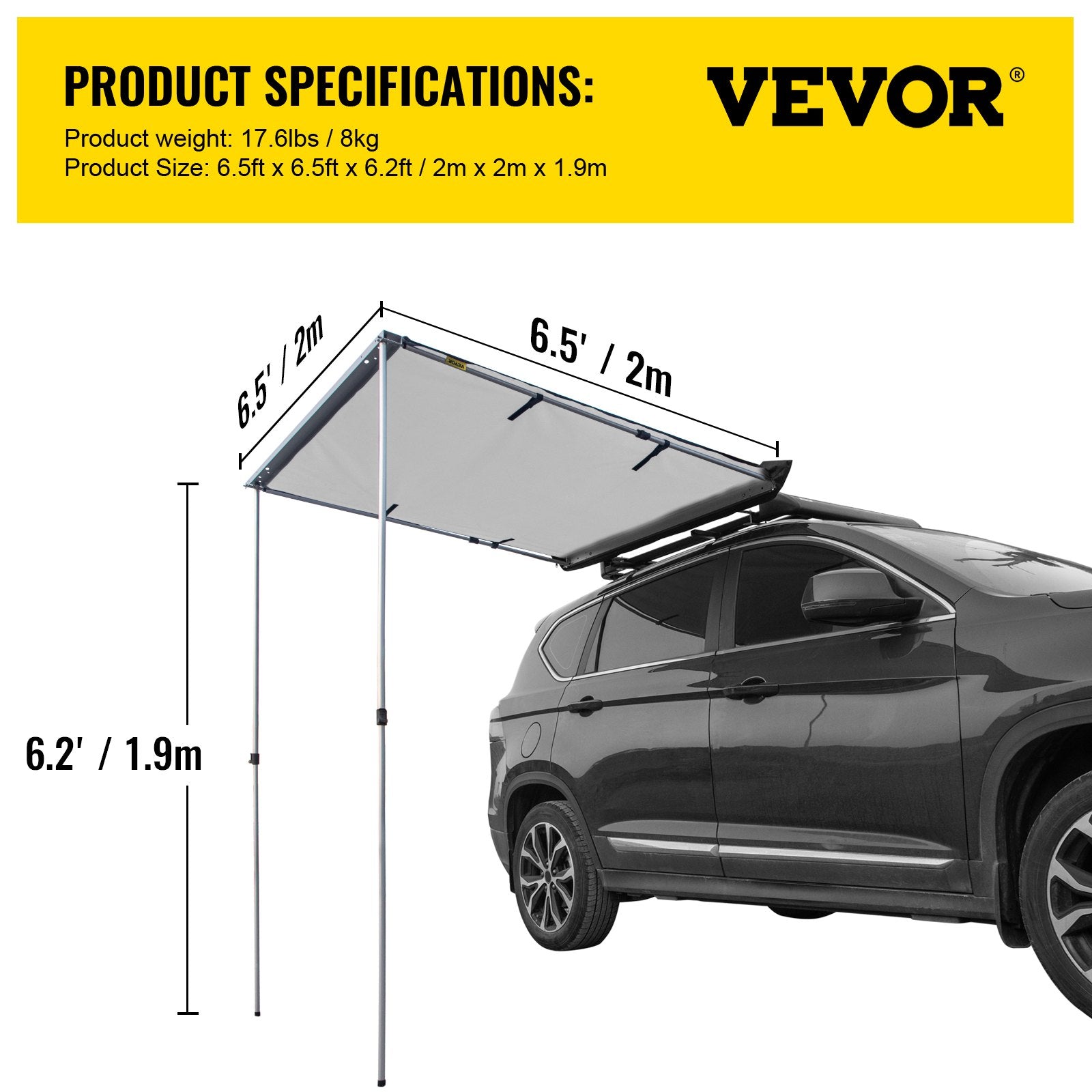VEVOR Car Awning, 6.5'x6.5' Vehicle Awning, Pull-Out Retractable Awning Rooftop, Waterproof UV50+ Car Side Awning, Telescoping Poles Trailer Tent Shade w/Carry Bag for SUV Outdoor Camping Travel, Grey