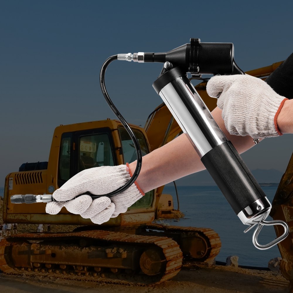 VEVOR Air Operated Grease Gun, 6000PSI, 14 OZ/400 CC Capacity Heavy Duty Pneumatic Grease Gun, with 18.5 Inch Flexible Hose, 1 Black Flat Coupler Pointed Coupler Bent Metal Pipe Locking Clamp Coupler