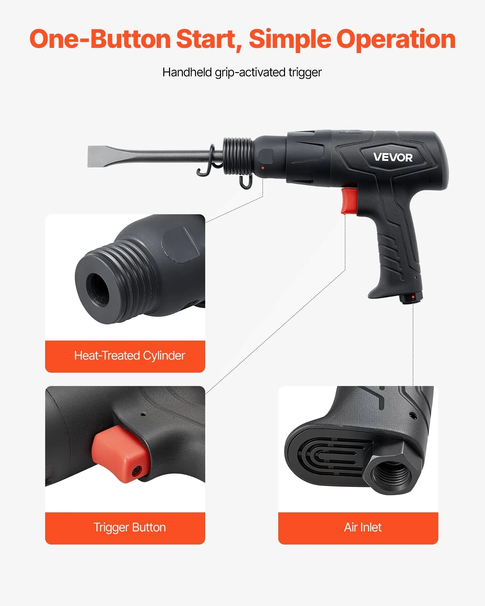 VEVOR Air Hammer, 2500-2700BPM Pneumatic Hammer with 2.76-inch Stroke & 4PCS 6.7" Long Barrel Chisels, Pistol-Grip Compact Air Chisel Pneumatic Shovel Tool for Cutting Scraping Demolishing