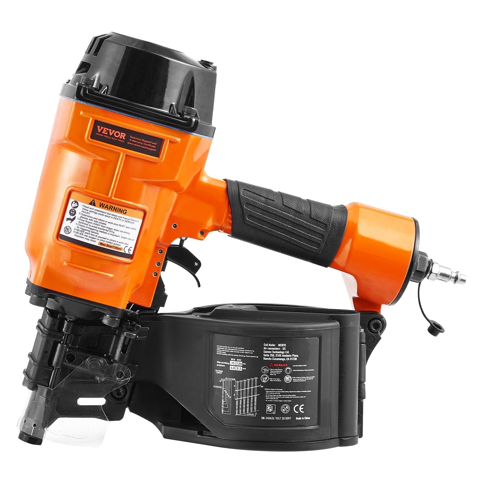 VEVOR MCN70 Coil Siding Nailer 1-3/4 to 2-3/4 inch 15 Degree Pneumatic Nail Gun