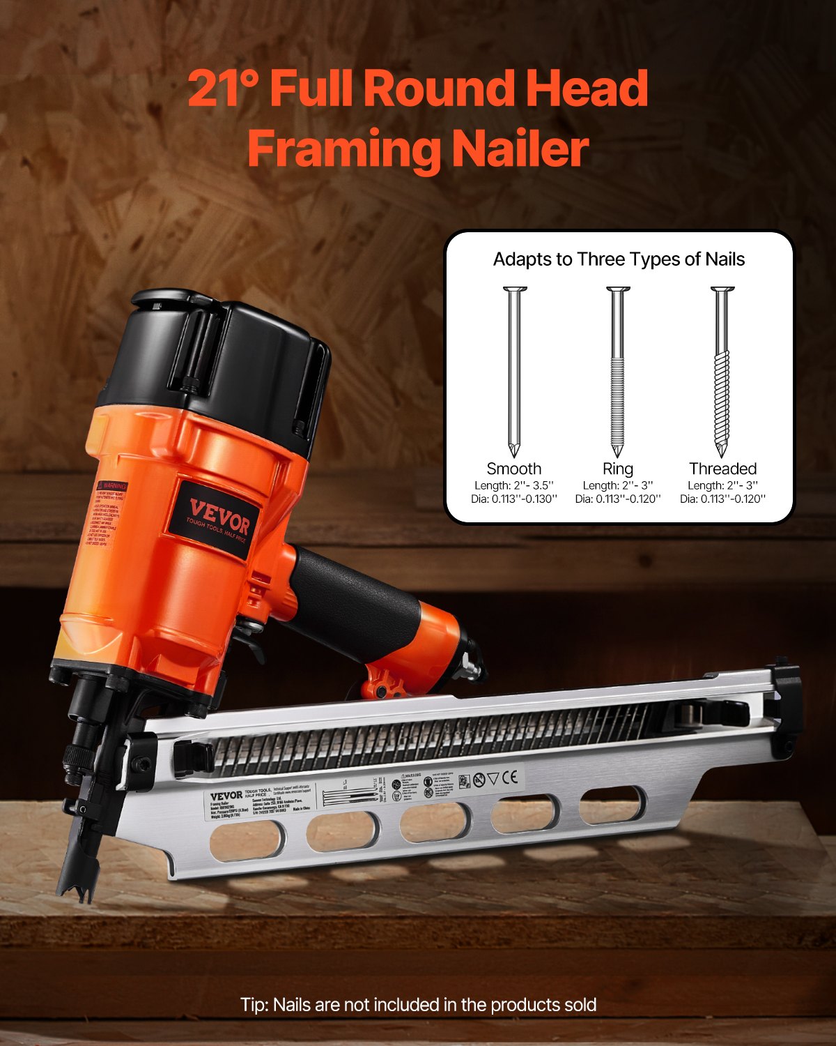 VEVOR Framing Nailer 2" to 3-1/2" 21° Full Round Head Pneumatic Framing Nailer