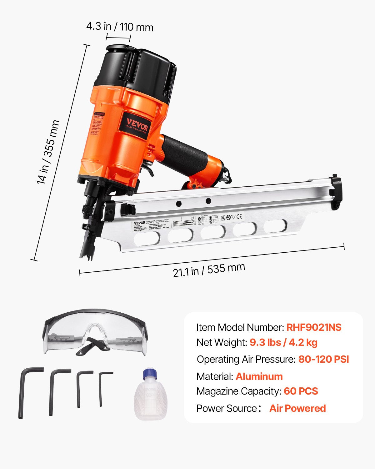VEVOR Framing Nailer 2" to 3-1/2" 21° Full Round Head Pneumatic Framing Nailer