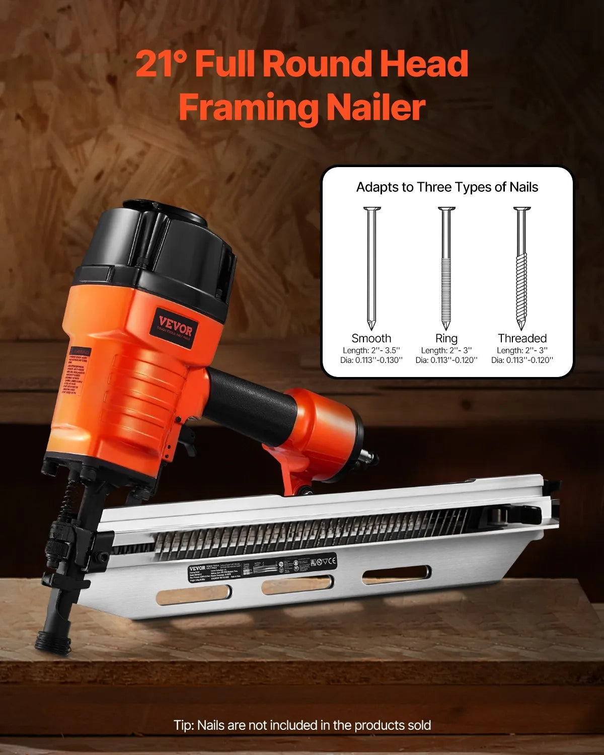 VEVOR Framing Nailer 2" to 3-1/2" 21° Full Round Head Pneumatic Framing Nail Gun