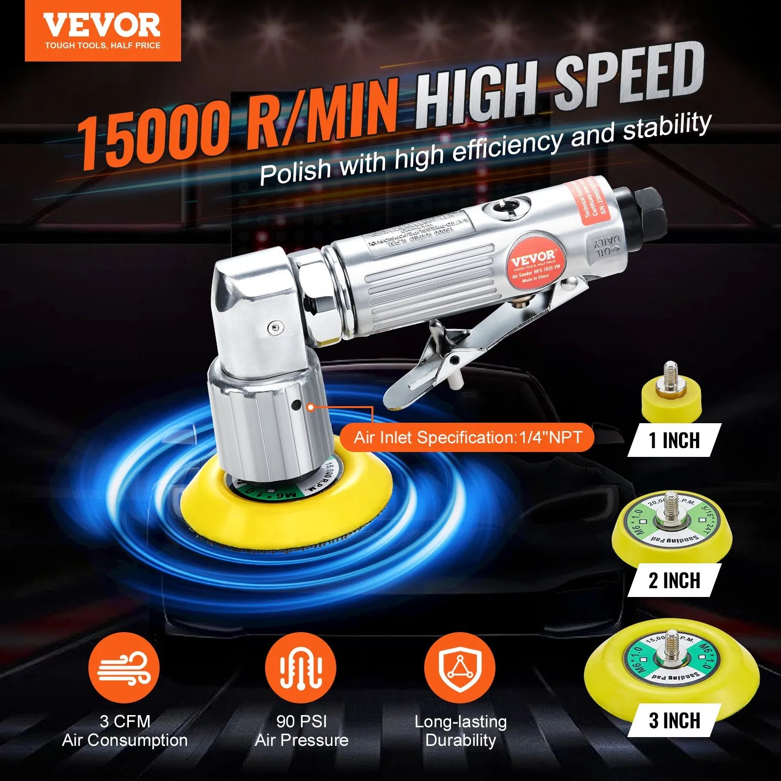VEVOR Mini Air Sander, 1"/2"/3" Random Orbital Air Sander, 15000r/min Pneumatic Sander Polisher for Auto Body Work, 58PCS Air Powered Sander Kit with Wavy Sponges, Sandpapers, Wool Pad