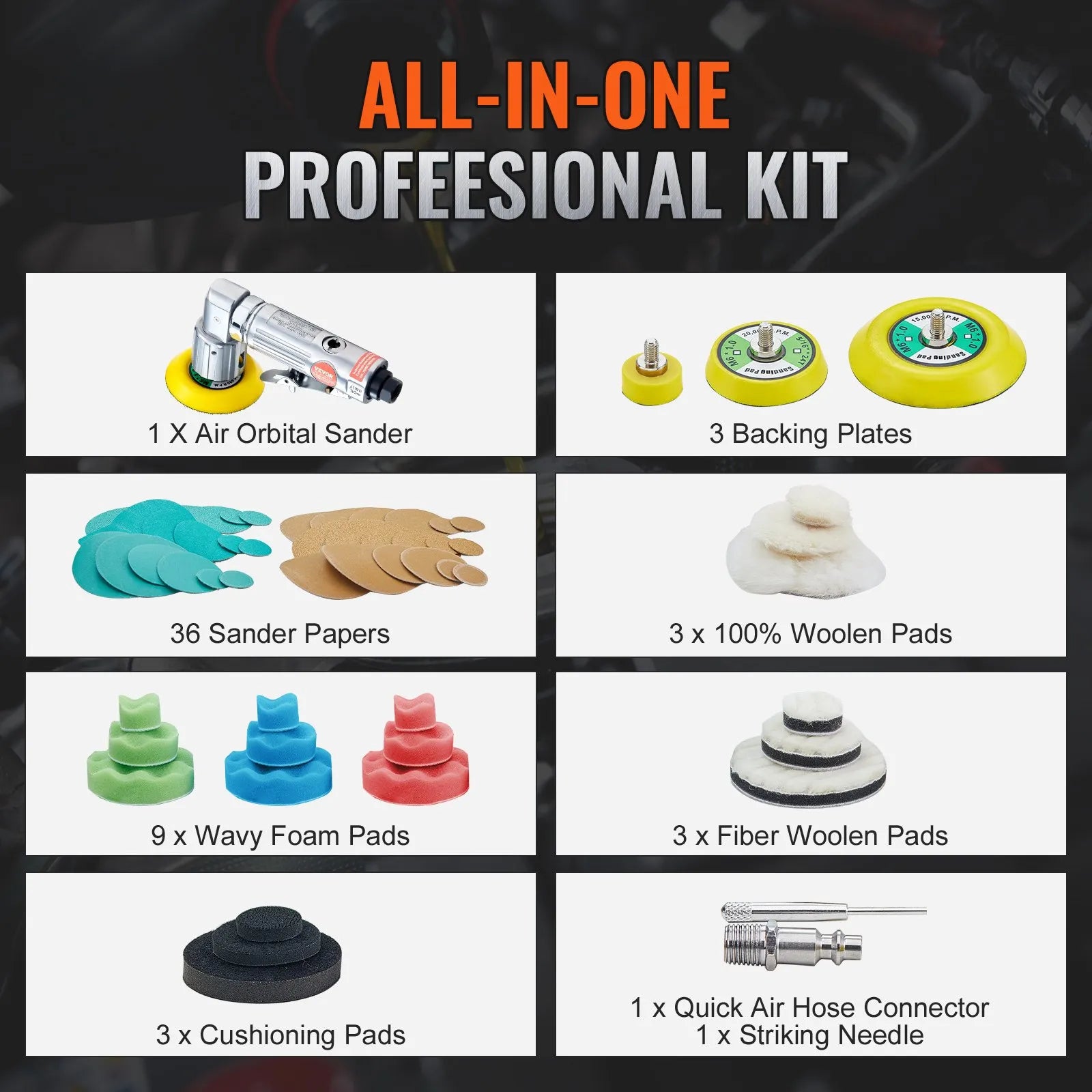 VEVOR Mini Air Sander, 1"/2"/3" Random Orbital Air Sander, 15000r/min Pneumatic Sander Polisher for Auto Body Work, 58PCS Air Powered Sander Kit with Wavy Sponges, Sandpapers, Wool Pad