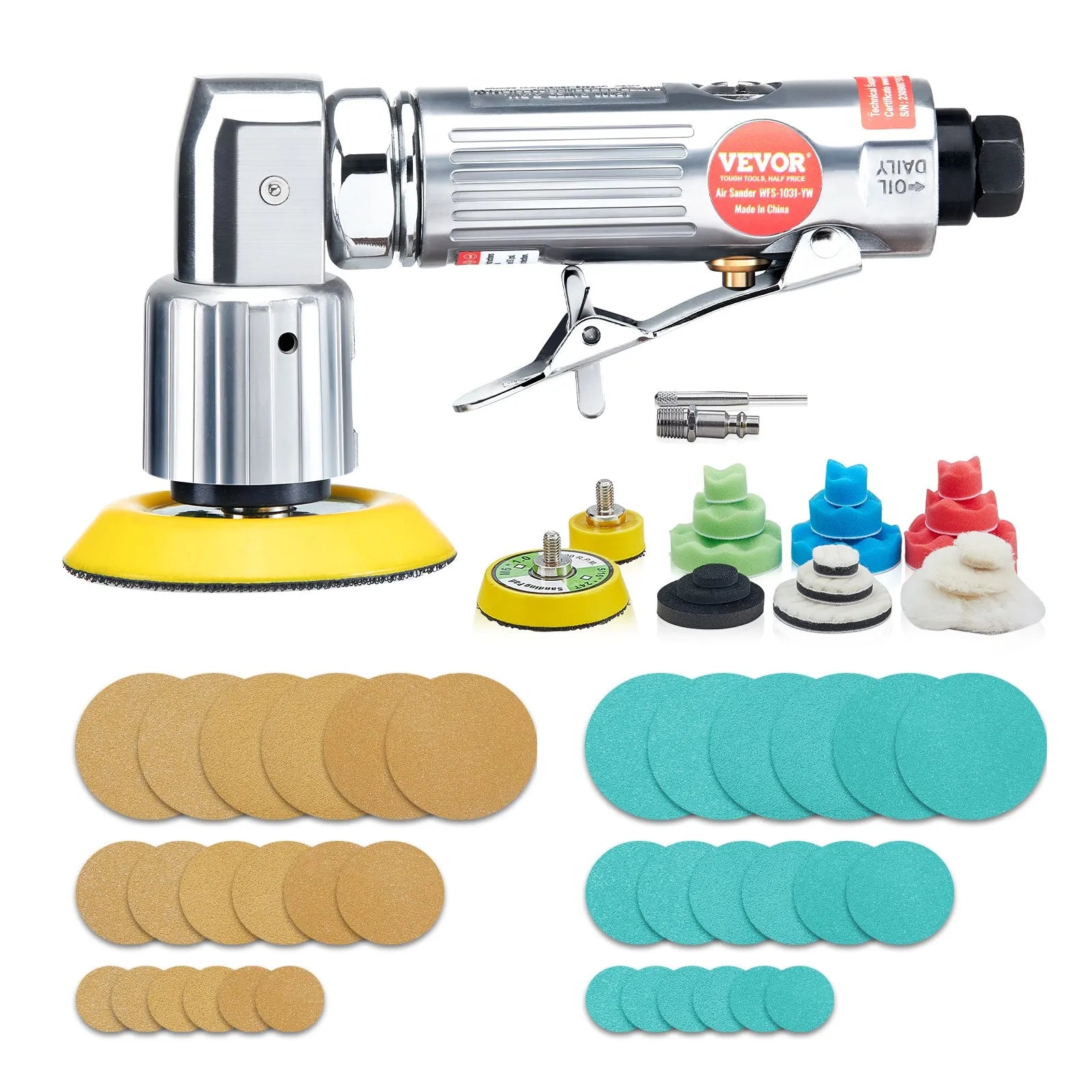 VEVOR Mini Air Sander, 1"/2"/3" Random Orbital Air Sander, 15000r/min Pneumatic Sander Polisher for Auto Body Work, 58PCS Air Powered Sander Kit with Wavy Sponges, Sandpapers, Wool Pad