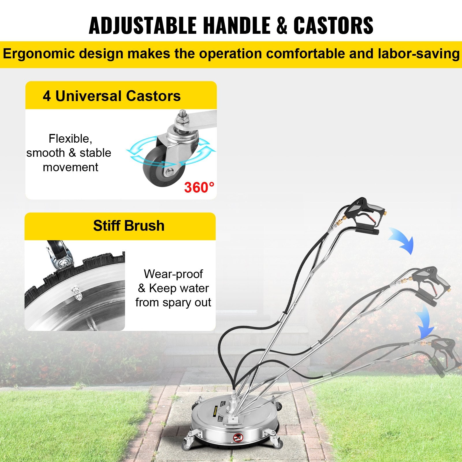 VEVOR Pressure Washer Surface Cleaner, 24'', Max. 4000 PSI Pressure by 2 Nozzles for Cleaning Driveways, Sidewalks, Stainless Steel Frame w/ Rotating Dual Handle, Wheels, Fit for 3/8'' Quick Connector