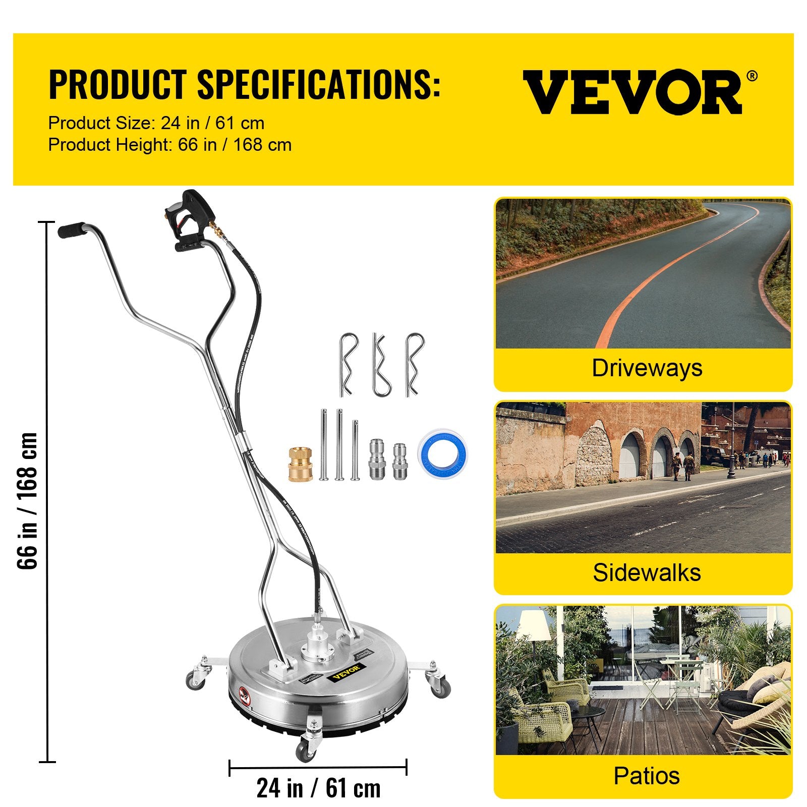 VEVOR Pressure Washer Surface Cleaner, 24'', Max. 4000 PSI Pressure by 2 Nozzles for Cleaning Driveways, Sidewalks, Stainless Steel Frame w/ Rotating Dual Handle, Wheels, Fit for 3/8'' Quick Connector