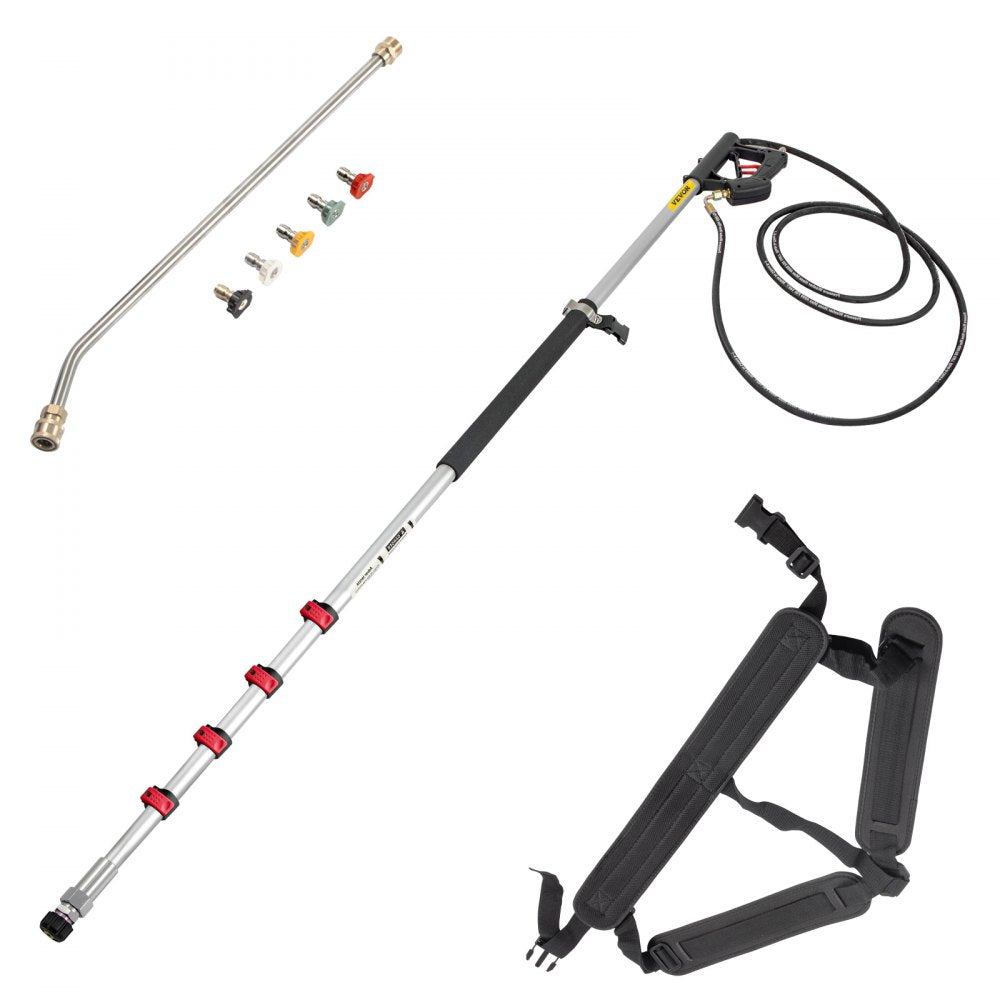 VEVOR Telescoping Pressure Washer Wand, 20 ft 5-Section Length Adjustable, Max. 4000 PSI Pressure, Fit for 3/8'' Quick Connection w/ Extension Wand, 5 Spray Nozzles, Belt, for Roof, Fence, Gutter