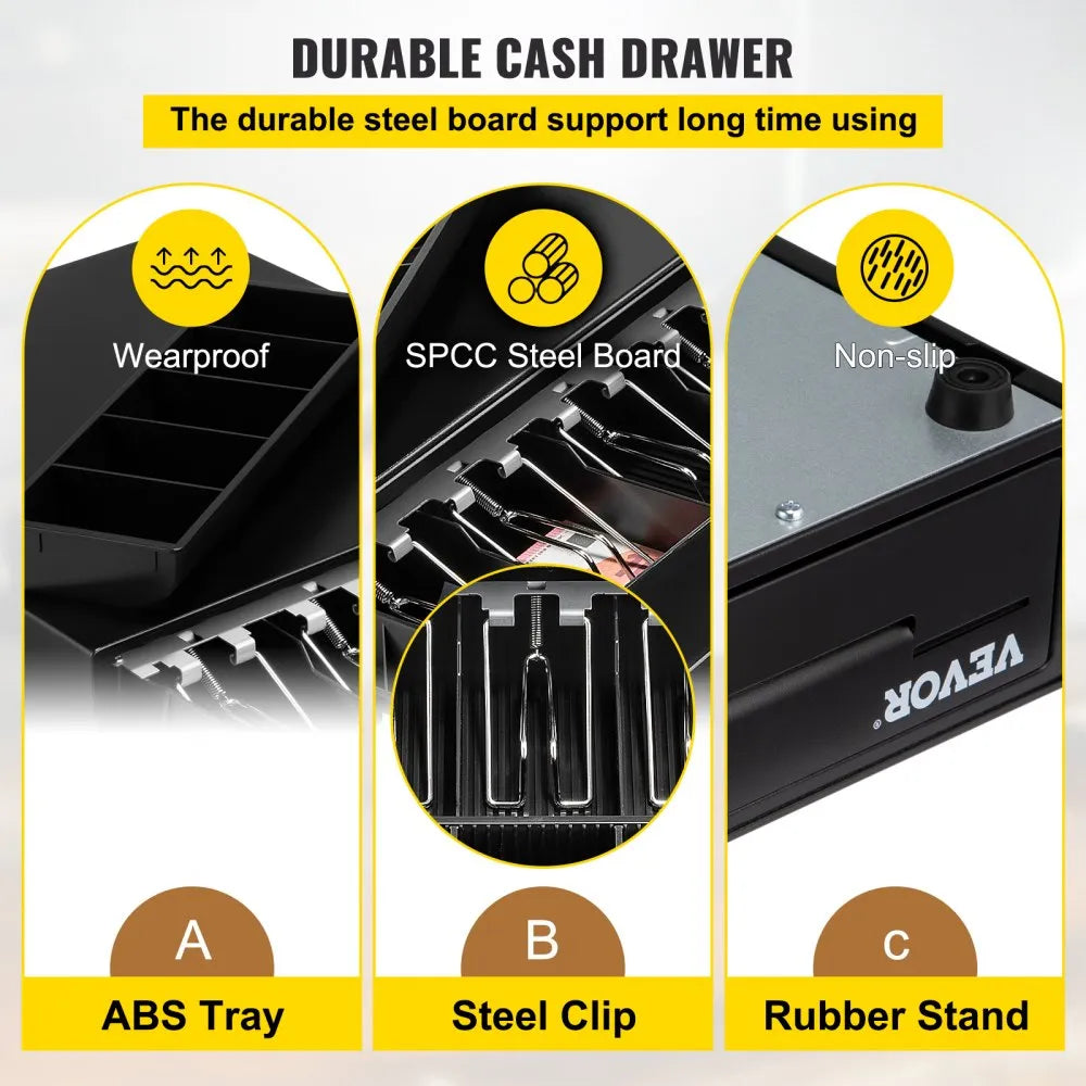VEVOR Cash Register Drawer, 13" 12 V, for POS System with 4 Bill 5 Coin Cash Tray, Removable Coin Compartment & 2 Keys Included, RJ11/RJ12 Cable for Supermarket, Bar, Coffee Shop, Restaurant