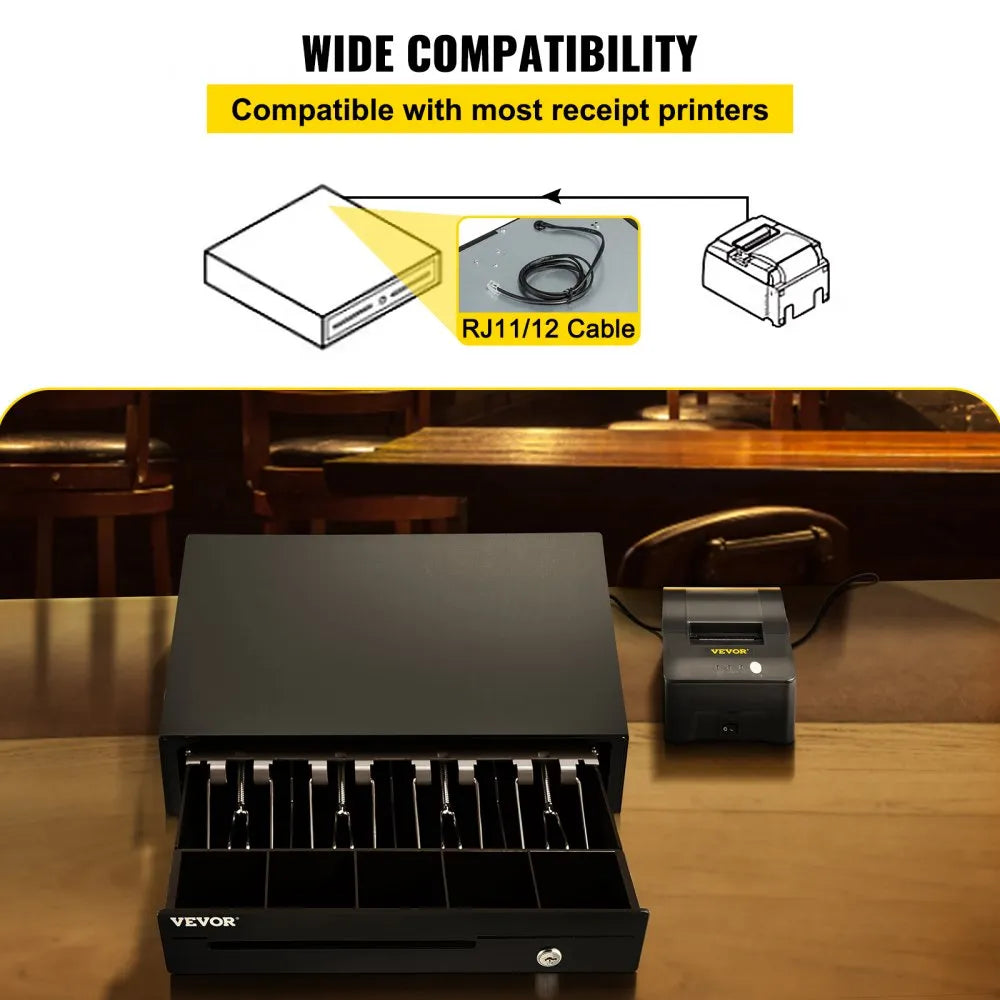 VEVOR Cash Register Drawer, 13" 12 V, for POS System with 4 Bill 5 Coin Cash Tray, Removable Coin Compartment & 2 Keys Included, RJ11/RJ12 Cable for Supermarket, Bar, Coffee Shop, Restaurant