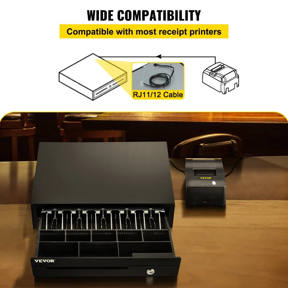 VEVOR Cash Register Drawer, 16" 12 V, for POS System with 5 Bill 8 Coin Cash Tray, Removable Coin Compartment & 2 Keys Included, RJ11/RJ12 Cable for Supermarket, Bar, Coffee Shop, Restaurant