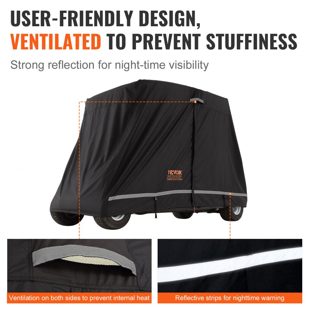 VEVOR 4 Passenger Golf Cart Cover, 600D Polyester Full Cover, Universal Fits for Most Brand Club Car Covers, Waterproof, Sunproof, and Dustproof Outdoor Golf Cart Cover with Three Zipper Doors, Black