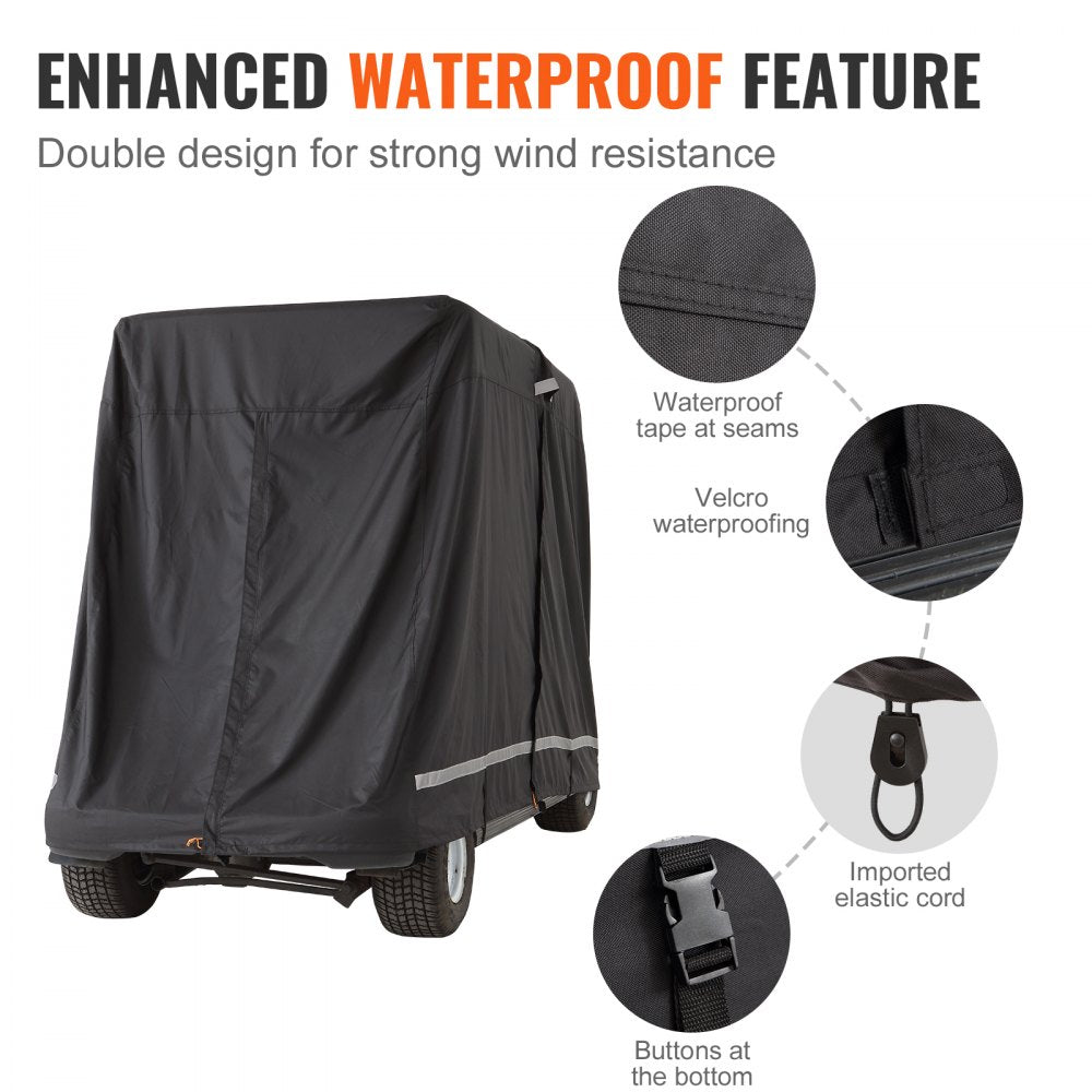 VEVOR 4 Passenger Golf Cart Cover, 600D Polyester Full Cover, Universal Fits for Most Brand Club Car Covers, Waterproof, Sunproof, and Dustproof Outdoor Golf Cart Cover with Three Zipper Doors, Black