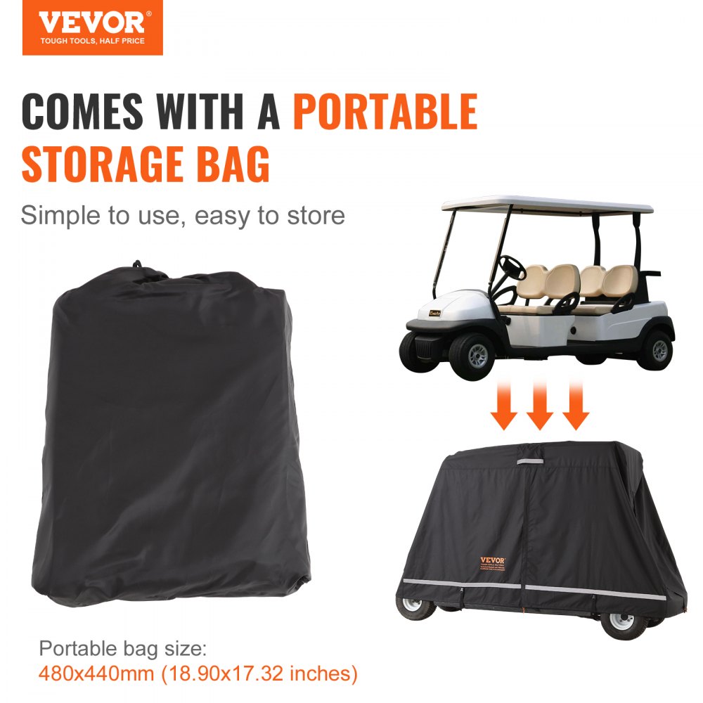 VEVOR 4 Passenger Golf Cart Cover, 600D Polyester Full Cover, Universal Fits for Most Brand Club Car Covers, Waterproof, Sunproof, and Dustproof Outdoor Golf Cart Cover with Three Zipper Doors, Black