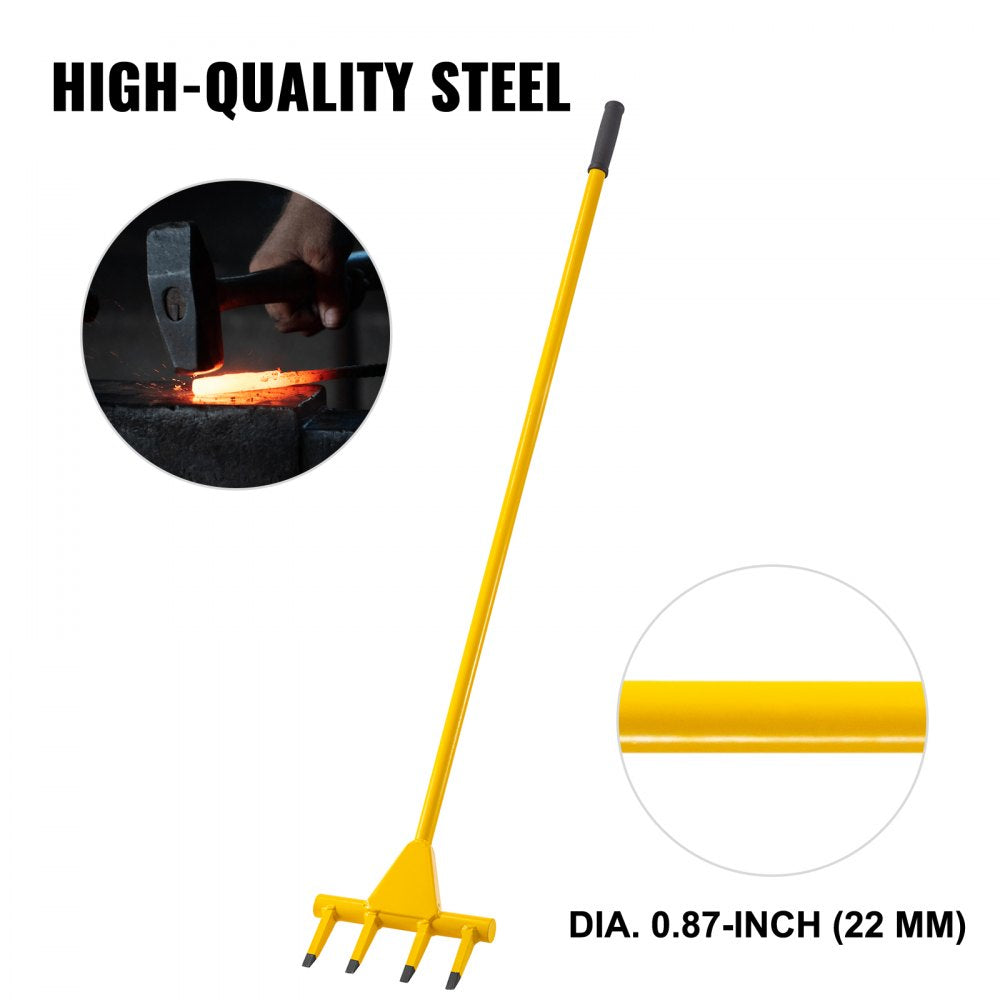 Deck Wrecker Pry Bar 4-Tine, Deck Wrecking Bar with 56-Inch Long Handle, Demolition Bar, 2-Inch Spacing between Tines, Deck Pry Bar with Nail Puller, Deck Wrecker Tool Heavy-Duty Steel, Yellow