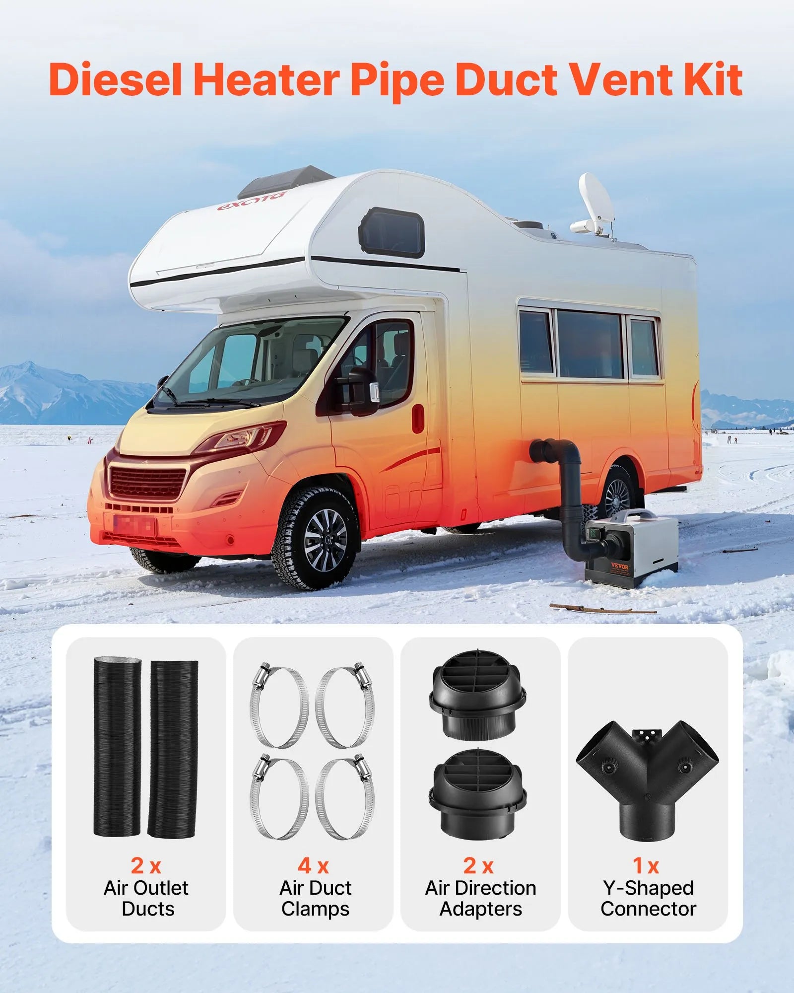 VEVOR Diesel Heater Pipe Duct Vent Kit – 3-Inch Y-Shaped Warm Air Outlet Vent Set with Air Duct Clamps for 2KW/5KW/8KW Diesel Heaters, Black