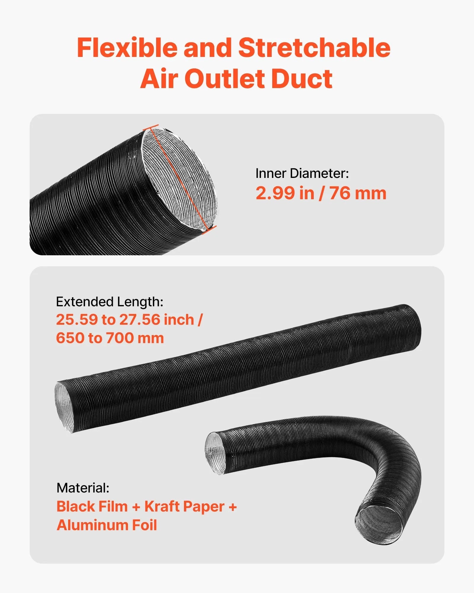 VEVOR Diesel Heater Pipe Duct Vent Kit – 3-Inch Y-Shaped Warm Air Outlet Vent Set with Air Duct Clamps for 2KW/5KW/8KW Diesel Heaters, Black