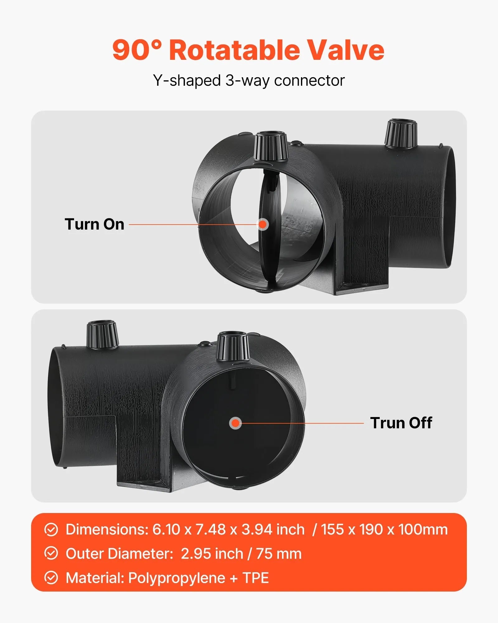 VEVOR Diesel Heater Pipe Duct Vent Kit – 3-Inch Y-Shaped Warm Air Outlet Vent Set with Air Duct Clamps for 2KW/5KW/8KW Diesel Heaters, Black