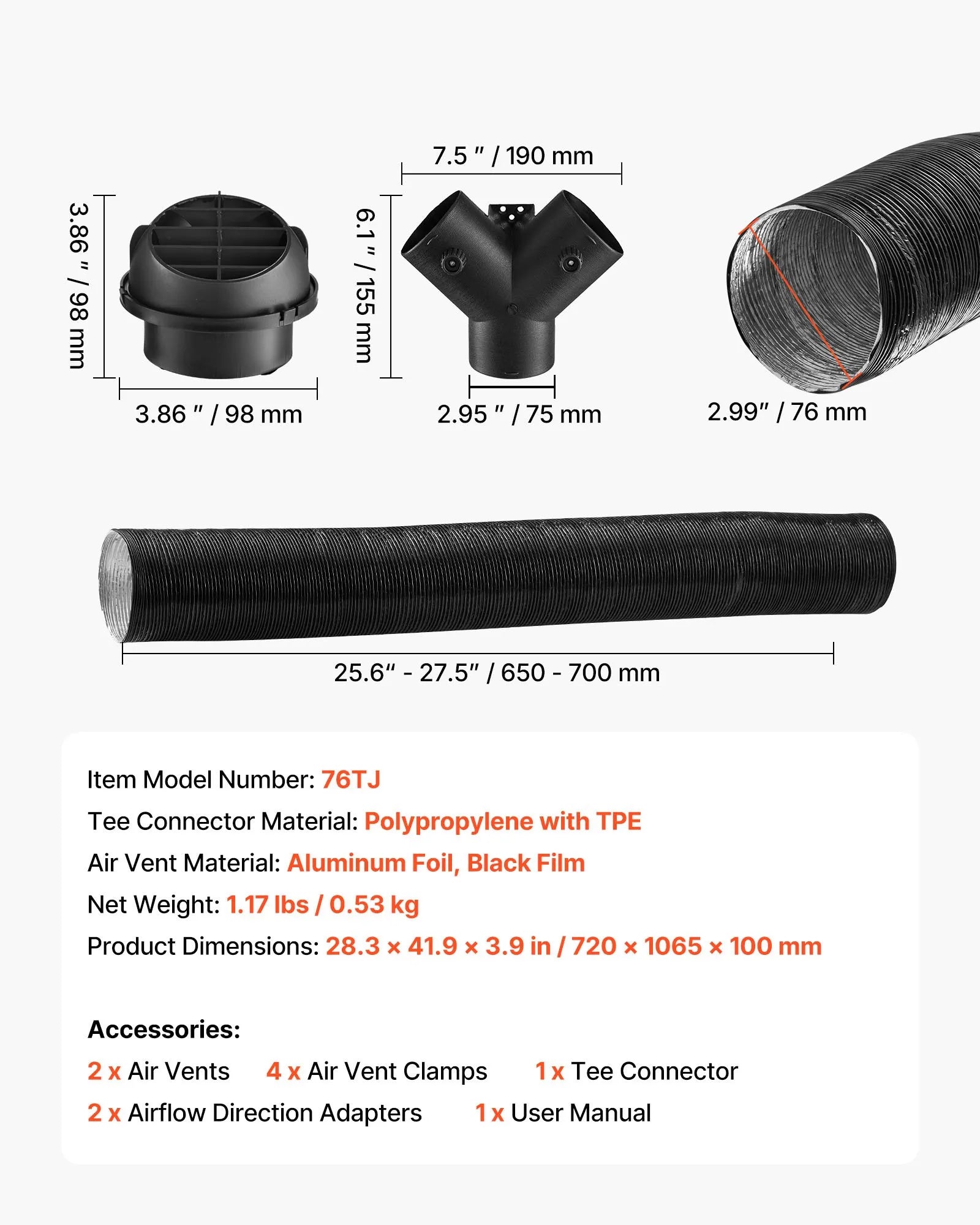 VEVOR Diesel Heater Pipe Duct Vent Kit – 3-Inch Y-Shaped Warm Air Outlet Vent Set with Air Duct Clamps for 2KW/5KW/8KW Diesel Heaters, Black