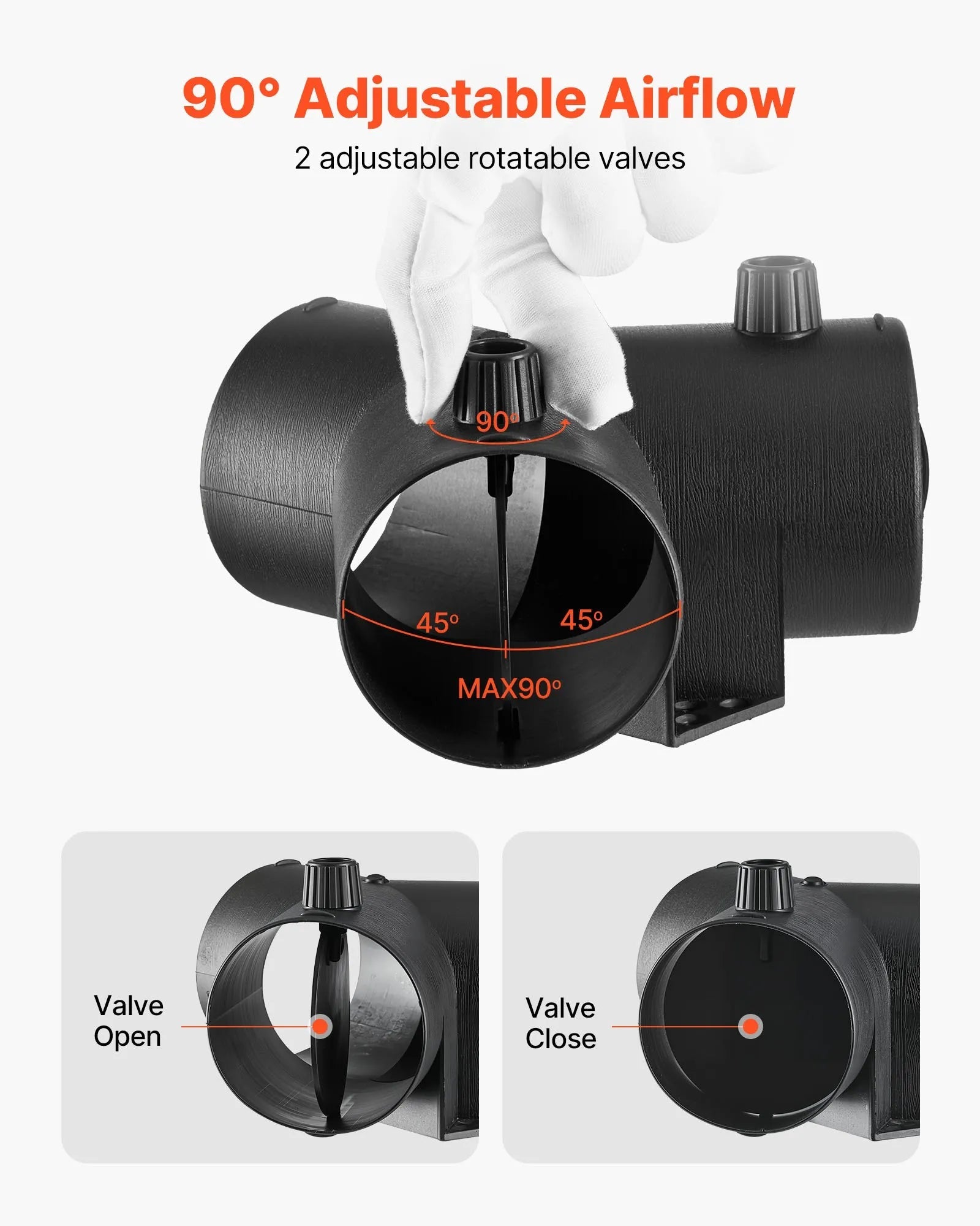 VEVOR 3-Inch Diesel Heater Duct Connector, Y Branch Air Vent Duct with Dual 90° Adjustable Valves, 3-Way Black Joint Connector for 2KW, 5KW, 8KW Diesel Heaters