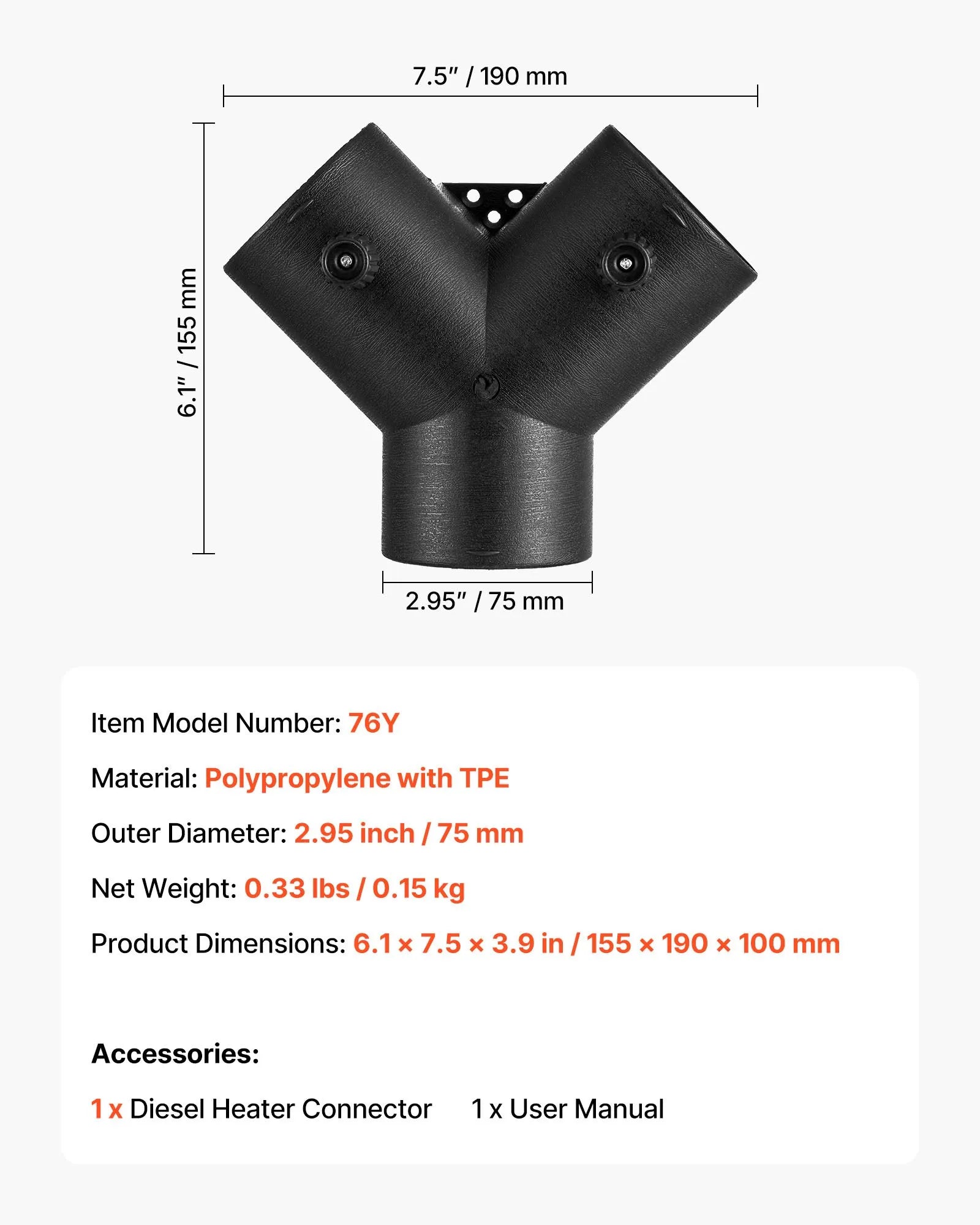 VEVOR 3-Inch Diesel Heater Duct Connector, Y Branch Air Vent Duct with Dual 90° Adjustable Valves, 3-Way Black Joint Connector for 2KW, 5KW, 8KW Diesel Heaters