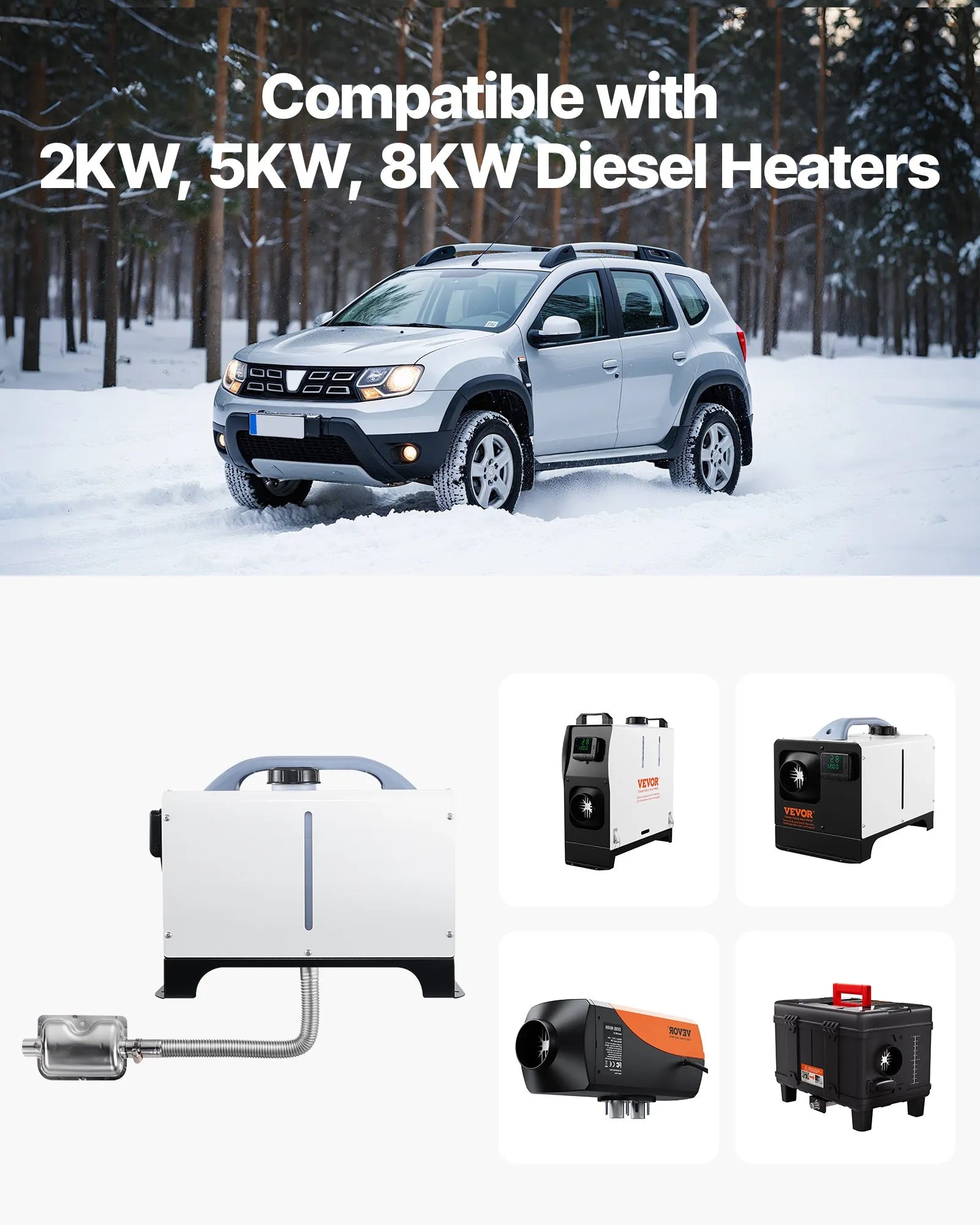 VEVOR Diesel Heater Exhaust Hose, 47.2 inch Stainless Steel Flexible Pipe with 2 Clamps for 2KW/5KW/8KW Diesel Heaters