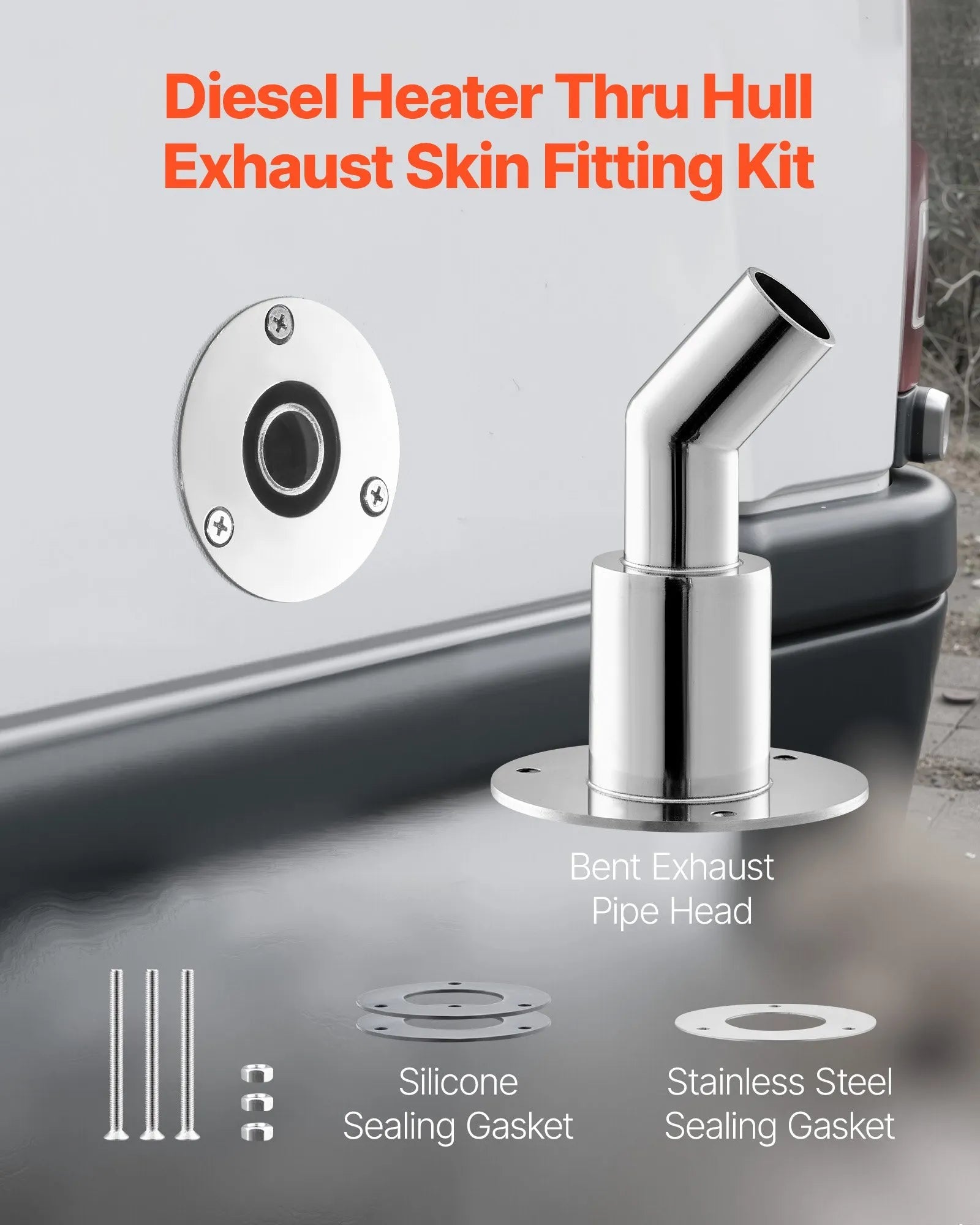 VEVOR Thru Hull Exhaust Skin Fitting – 0.94" Diesel Heater Exhaust Elbow Pipe Socket Replacement with Screws, Nuts & Gaskets, 316 Stainless Steel for 2KW, 5KW, and 8KW Diesel Heaters