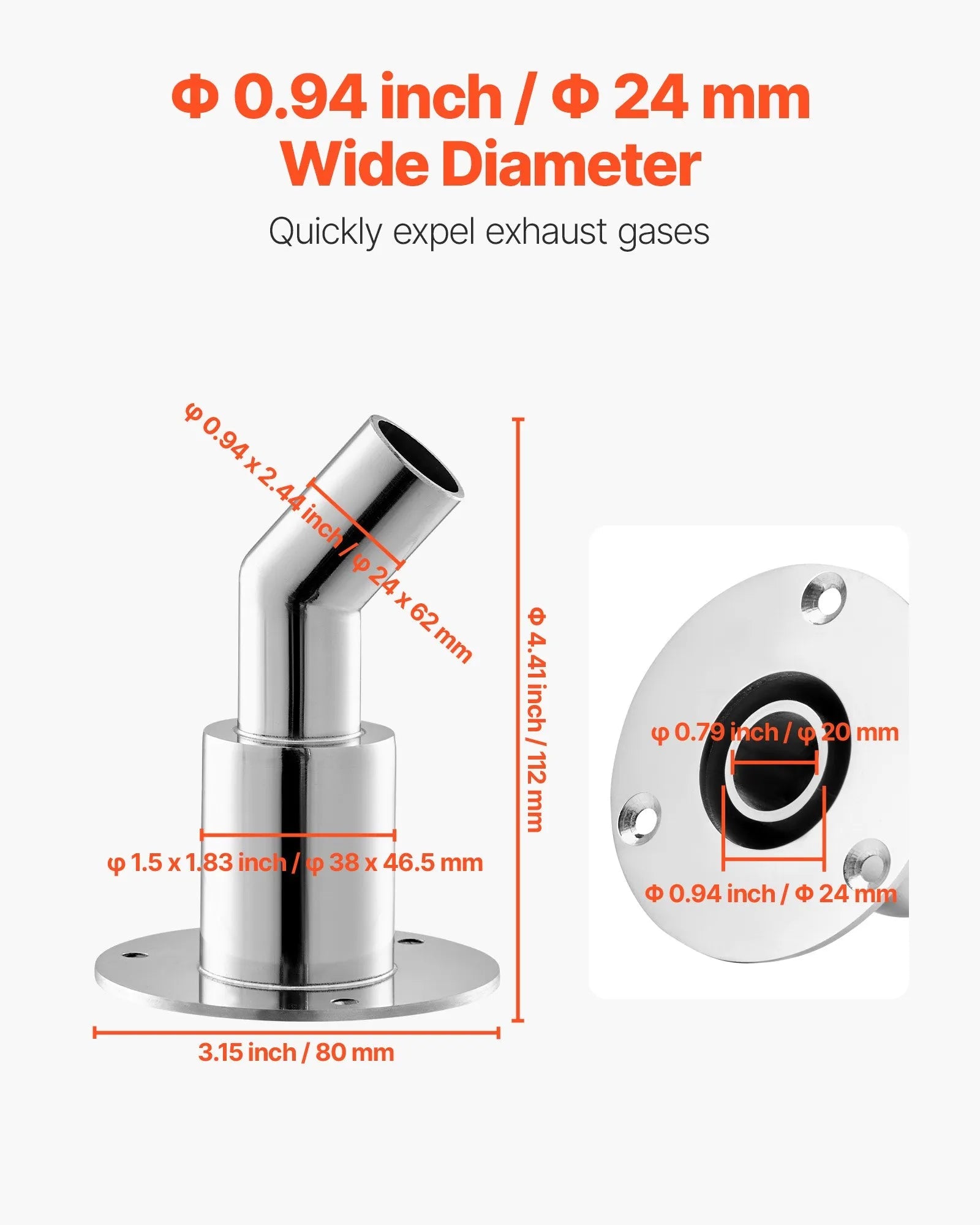 VEVOR Thru Hull Exhaust Skin Fitting – 0.94" Diesel Heater Exhaust Elbow Pipe Socket Replacement with Screws, Nuts & Gaskets, 316 Stainless Steel for 2KW, 5KW, and 8KW Diesel Heaters