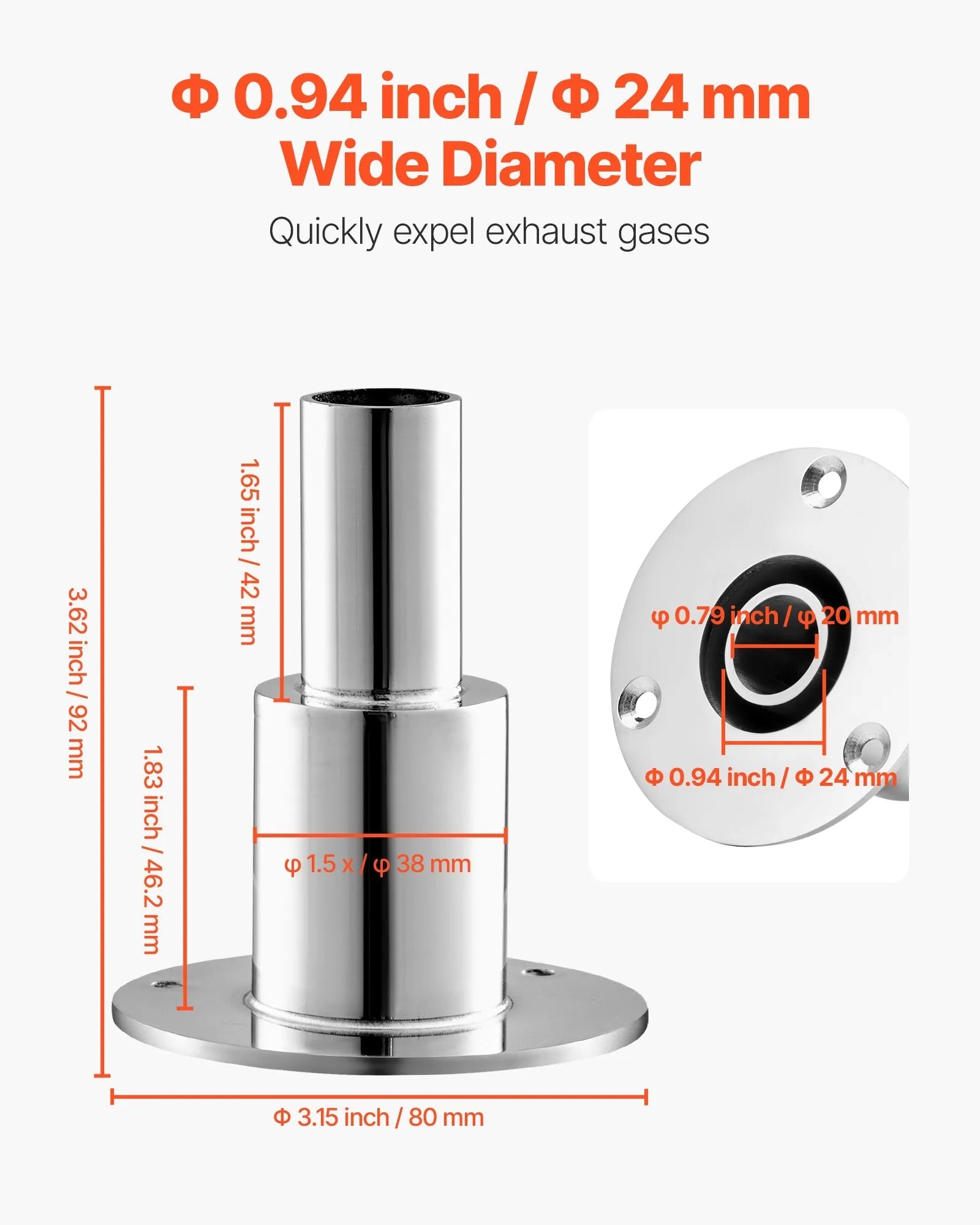 VEVOR Thru Hull Exhaust Skin Fitting – 0.94 Inch Straight Diesel Heater Exhaust Kit with Screws, Nuts & Gasket, 316 Stainless Steel