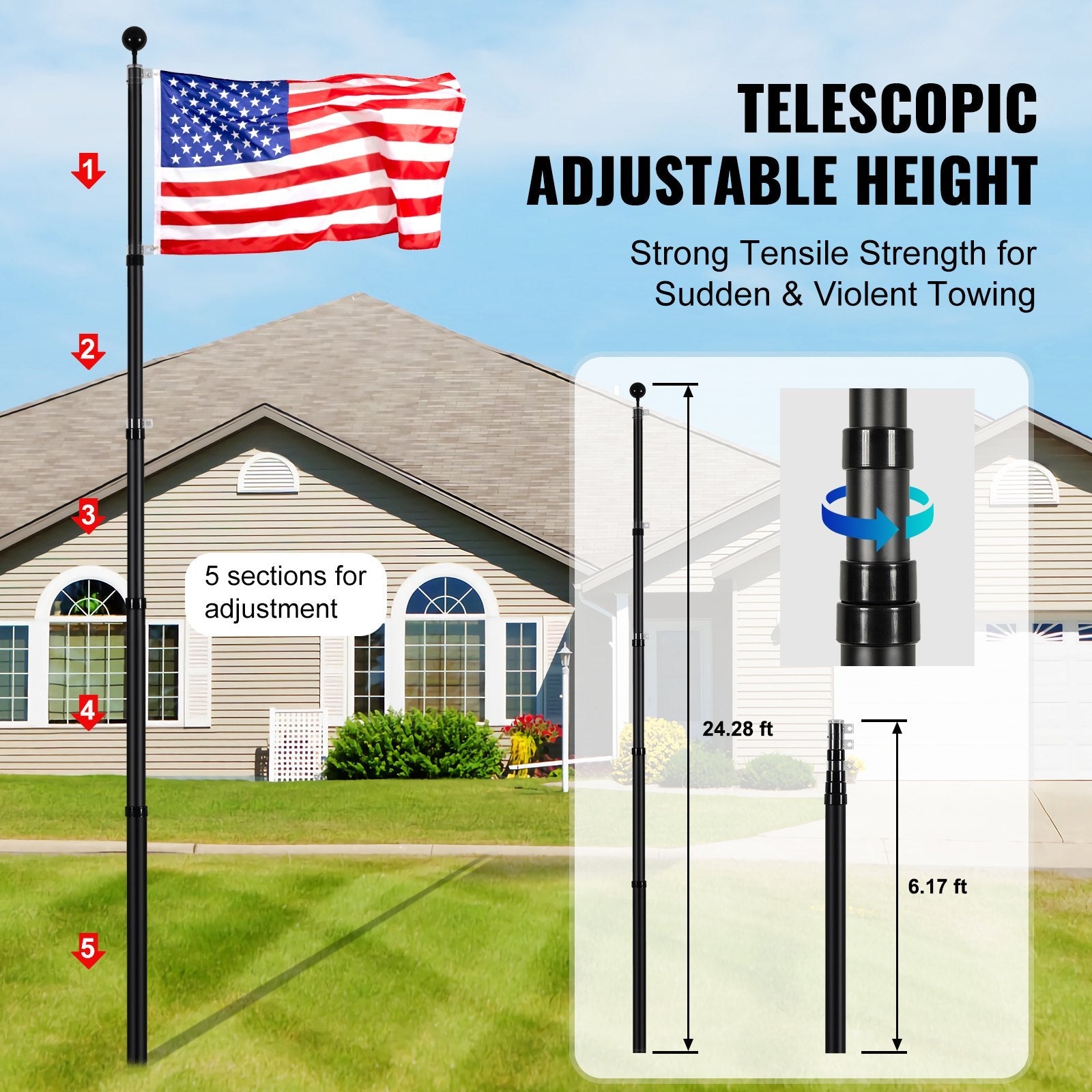 VEVOR 25FT Telescopic Flagpole Kit Heavy Duty Aluminum Flag Pole Black