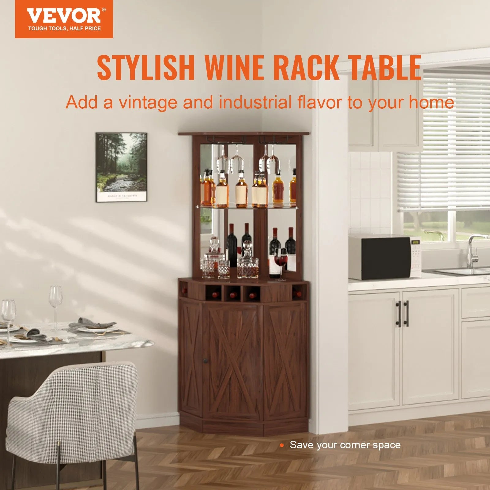 VEVOR Corner Industrial Bar Cabinet, Wine Table for Liquor & Glasses, Sideboard Buffet Cabinet with Glass Holder, Freestanding Farmhouse Wood Coffee Bar Cabinet for Living Room, Home Bar, Black Walnut