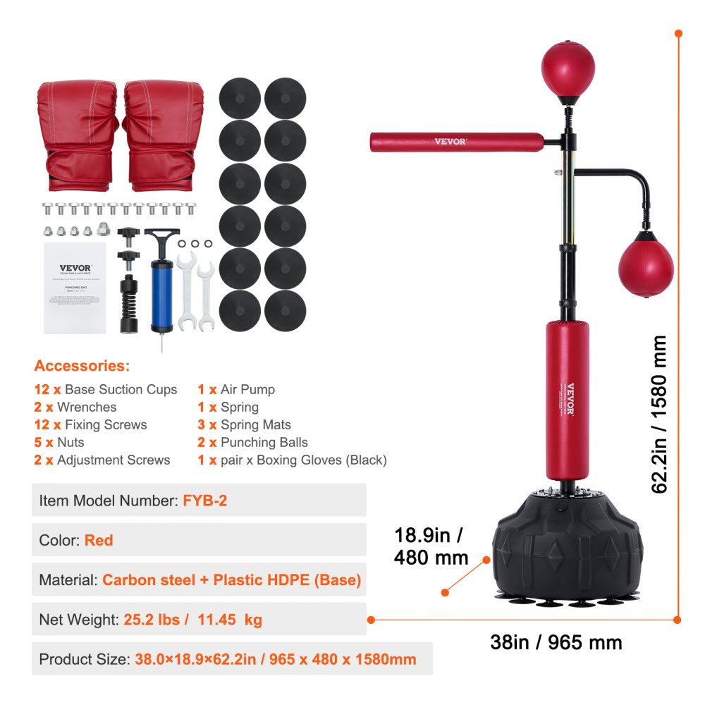 VEVOR Boxing Speed Trainer, Punching Bag with Stand, Reflex Boxing Bag for Teens & Adults, Height Adjustable Free Standing Strike Bag Set with Gloves, Workout Speed Bag for Home Gym Training, Red