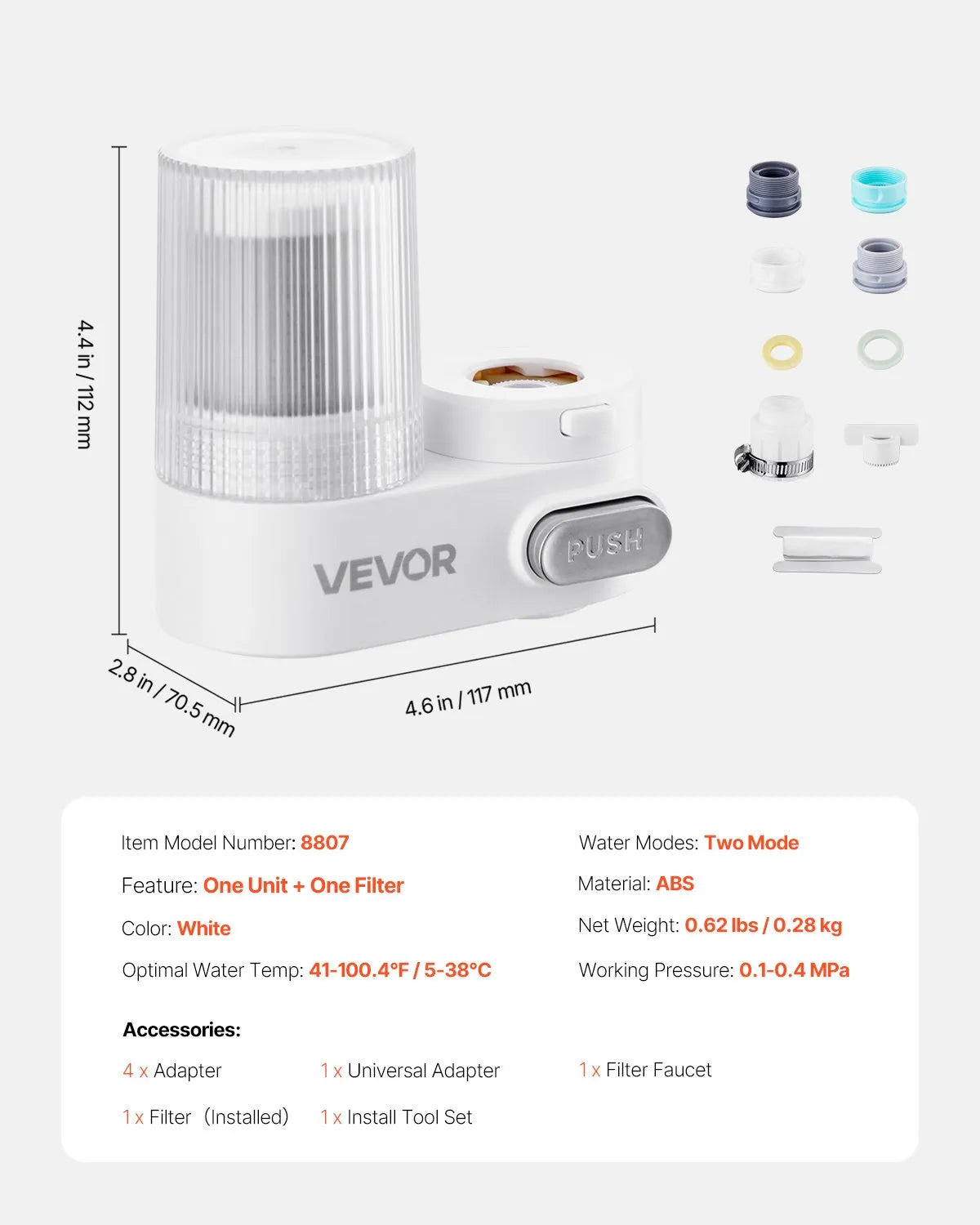 VEVOR Faucet Mount Water Filter Sink Water Purifier for Kitchen Vertical White