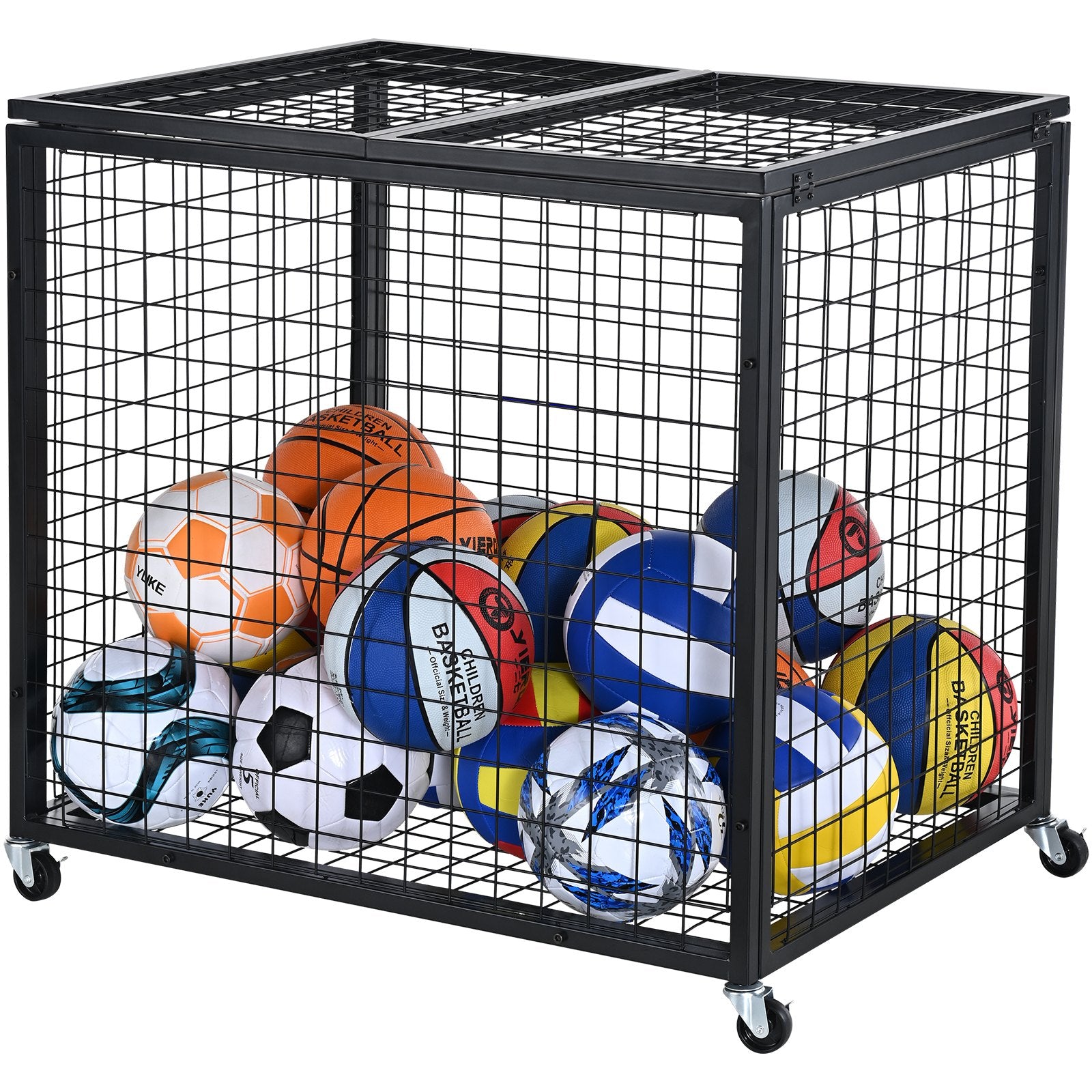 VEVOR Rolling Sports Ball Storage Cart, Lockable Basketball Cage with Double Lids, Sport Equipment Holder Organizer for Indoor Outdoor, Steel Storage Rack for Garages, Playgroup, Gym and Schools
