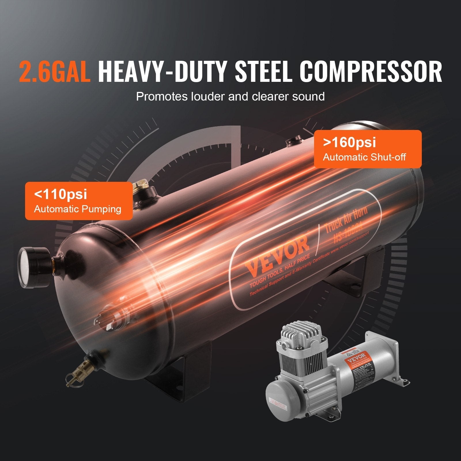 VEVOR Train Horns Kit, 4 Trumpet Air Horn Kit, 150dB Train Horns for Pickup Trucks, 12V 160 psi Air Compressor 2.6 Gal/10 L Tank with Gauge for Any 12V Vehicle Car Truck Train Van Boat